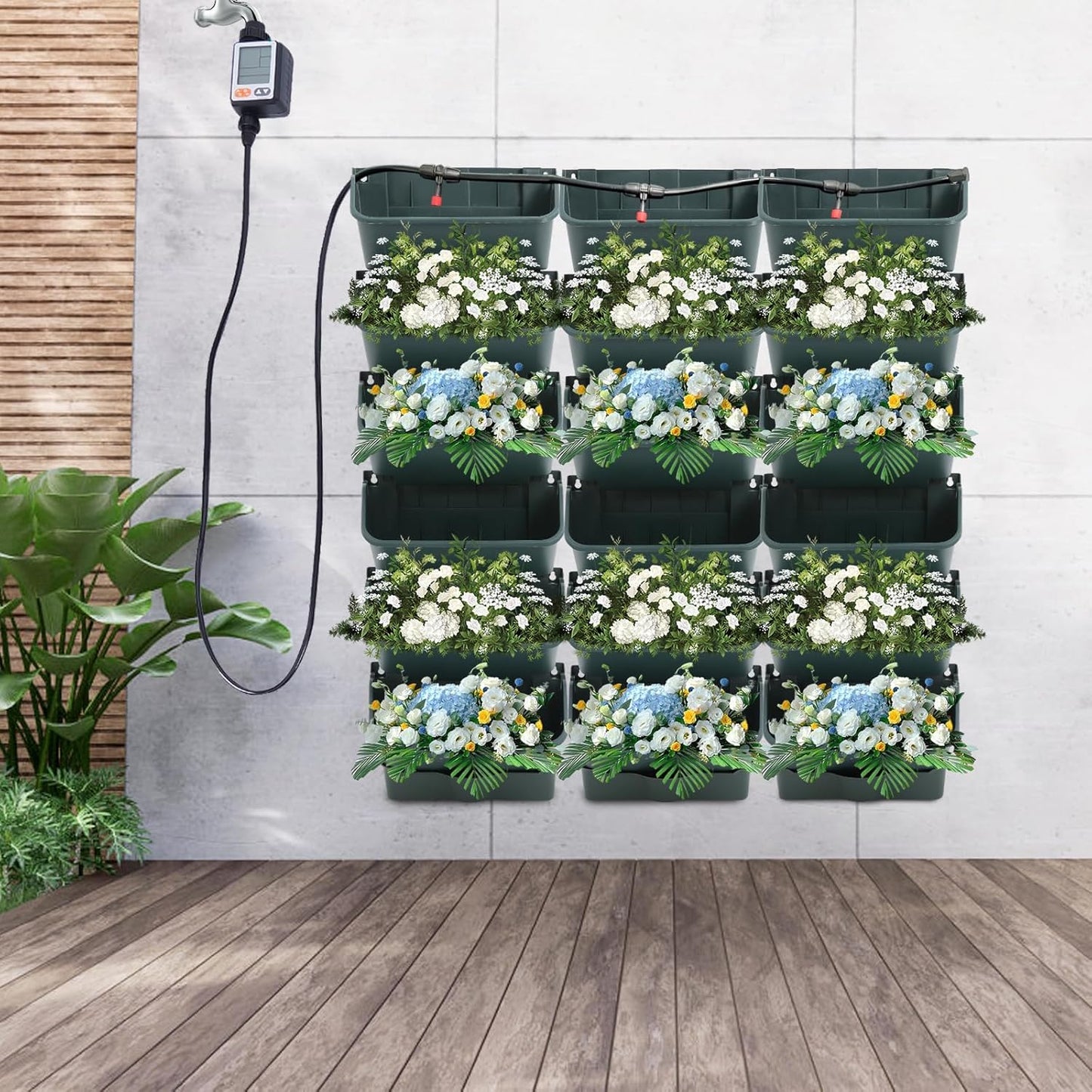 18 Pots Self-Watering Vertical Wall Planter, 39.4”L x 39.4”H Stackable Plastic Wall-Mounted Plant Grow Pots, Wall Hang Garden Planter Outdoor Indoor for Herbs Flowers Strawberries (Green)