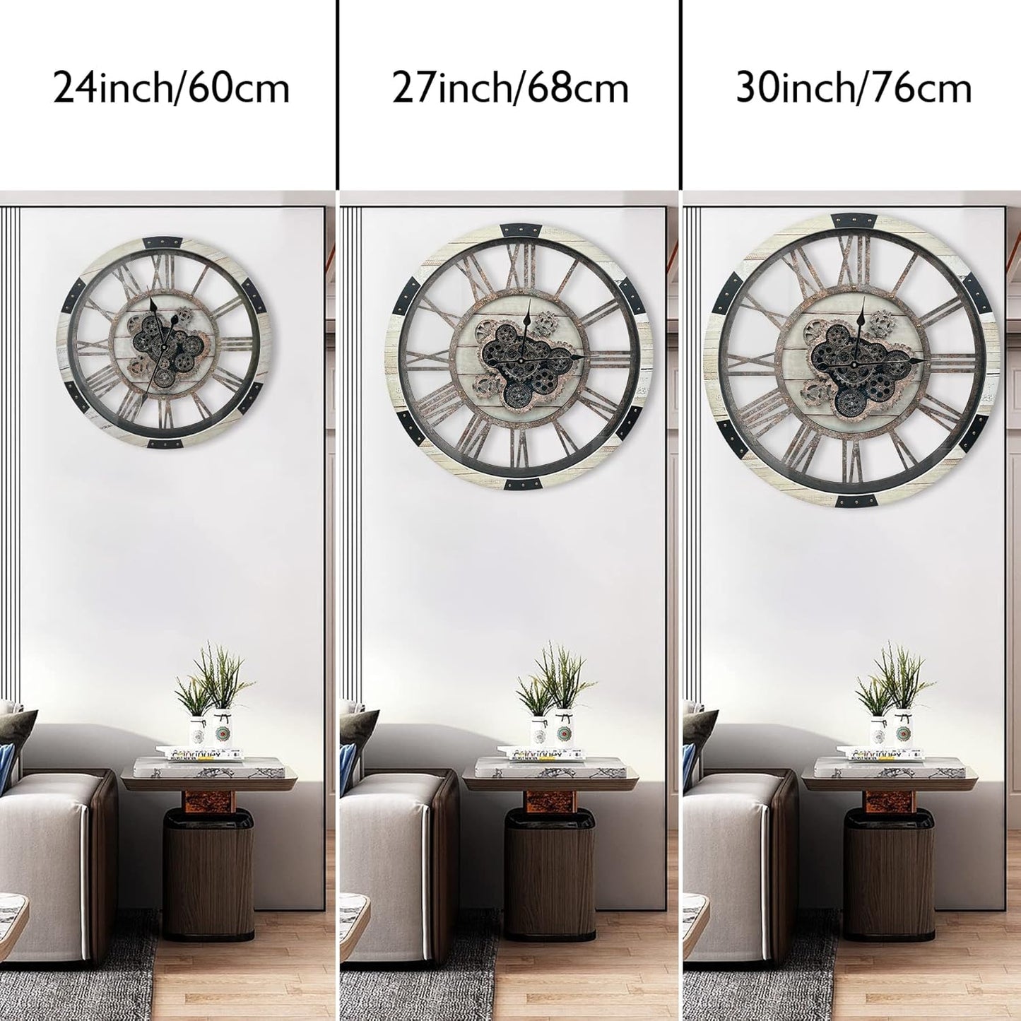 DORBOKER 24" Large Wall Clock with Moving Gears,Oversize Vintage Industrial Rustic Farmhouse Clocks for Living Room Decor Office Home,Solid Wood Retro Metal HD Tempered Glass Cover,Desert Beige