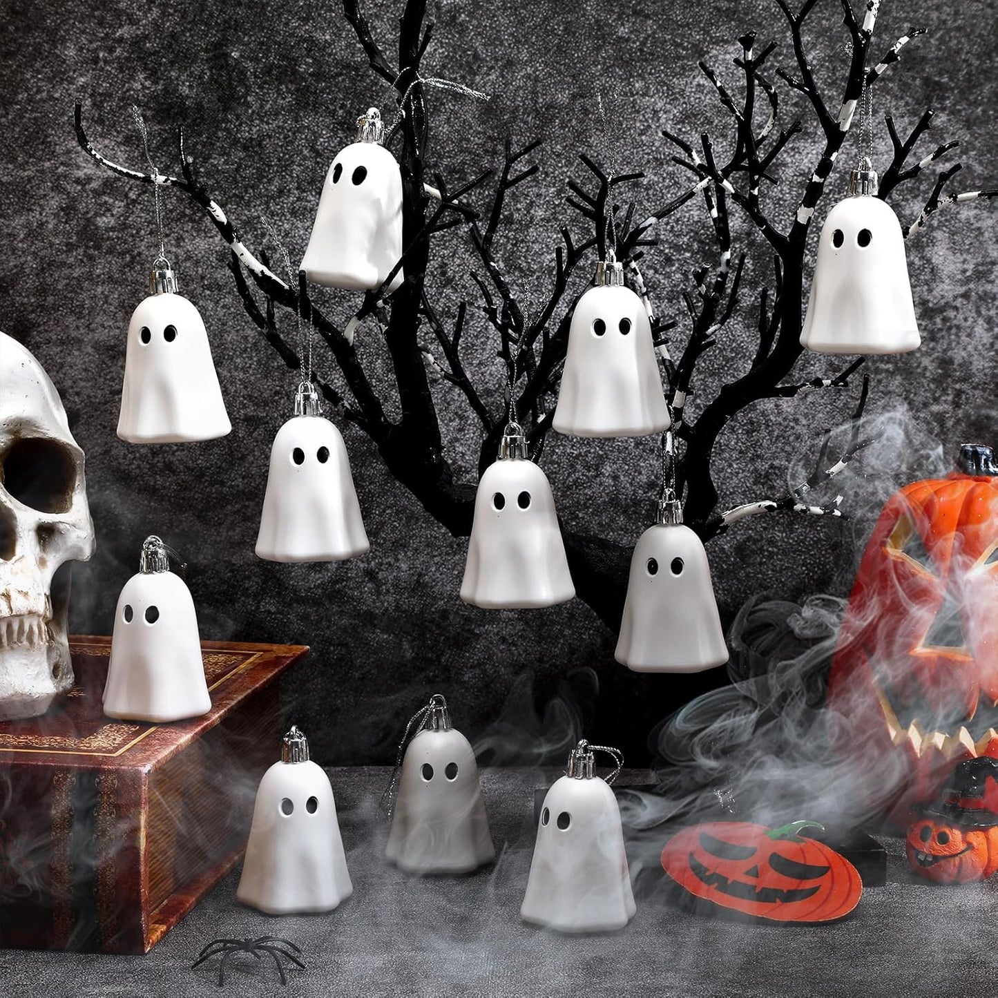 JULMELON 24Pcs Halloween Hanging Ornaments White Ghost Decorations Halloween Tree Decoration Mini Ghost Ornaments for Home Party Decor