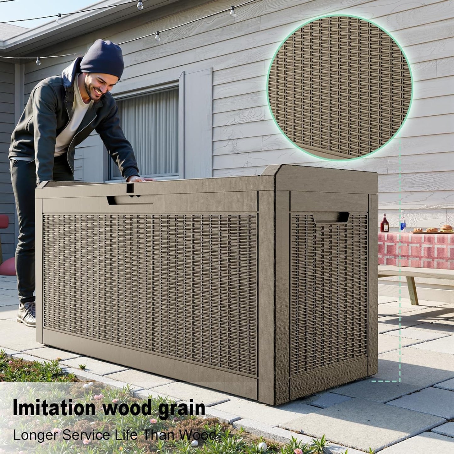 60 Gallon Resin Deck Box, Lockable Outdoor Storage Box for Patio Cushions Storage Furniture,Garden Tools, Pool Supplies, Weatherproof and UV Resistant (Grey Rattan)