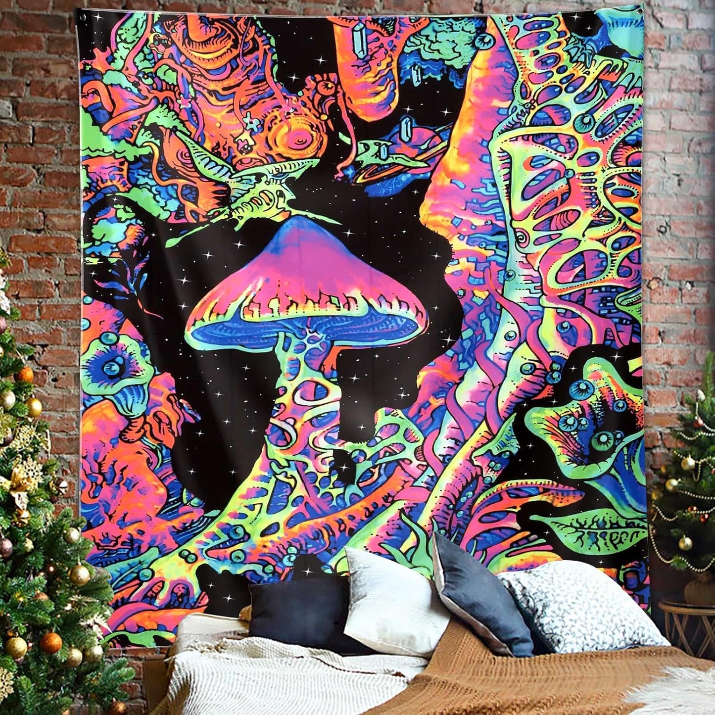 ADDWel Blacklight Mushroom Tapestry, Upright Tapestry Glow In The Dark, UV Reactive Black Light Tapestries Posters Wall Hanging for Backdrop Bedroom Dorm Living Room Decor(70"x90")