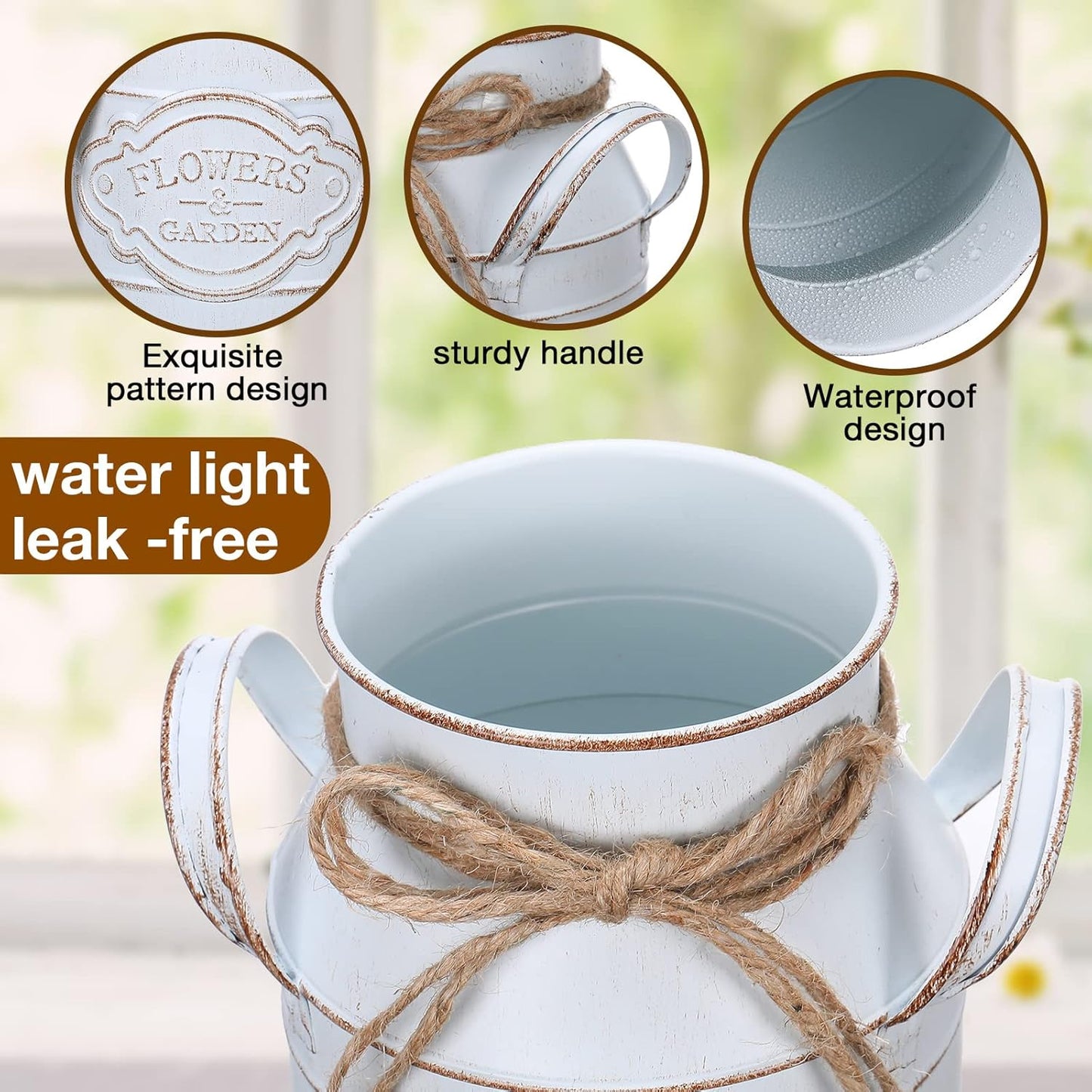 6 Inch Farmhouse Vase Decor Milk Can Vintage Flower Jug Galvanized Metal Vase with Handle Rustic Flower Buckets for Thanksgiving Christmas Table Centerpiece Weddings Gifts(Retro White,4 Pcs)