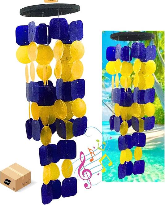 Bellaa 24889 Wind Chimes Outdoor, Garden Decorations, Musical, Indoor/Outside Windchimes, Beach, Ocean Breeze, Gifts for Mom, Gift for All Occasions, Capiz Sea Glass Shells Wood Yellow Blue