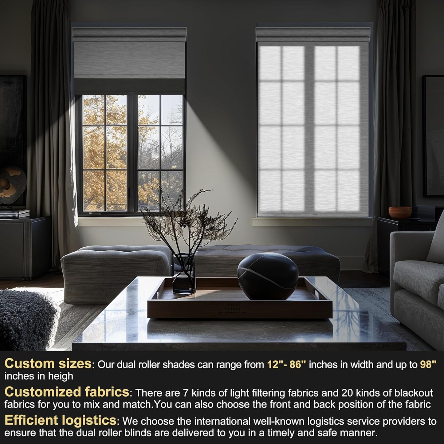 BERISSA Cordless Dual Roller Shades with Cassette Valance, Double Window Shades - Blackout and Light Filtering, Day and Night for Home Office Door. Grey and White. 23 W x 48" H