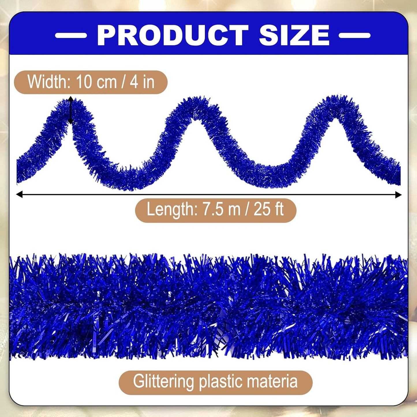 25 Feet Metallic Twist Tinsel Garland Backdrop for Parade Floats, Christmas Eve, New Year, Valentine's Day Party Decorations (Blue, 4in x 25ft)