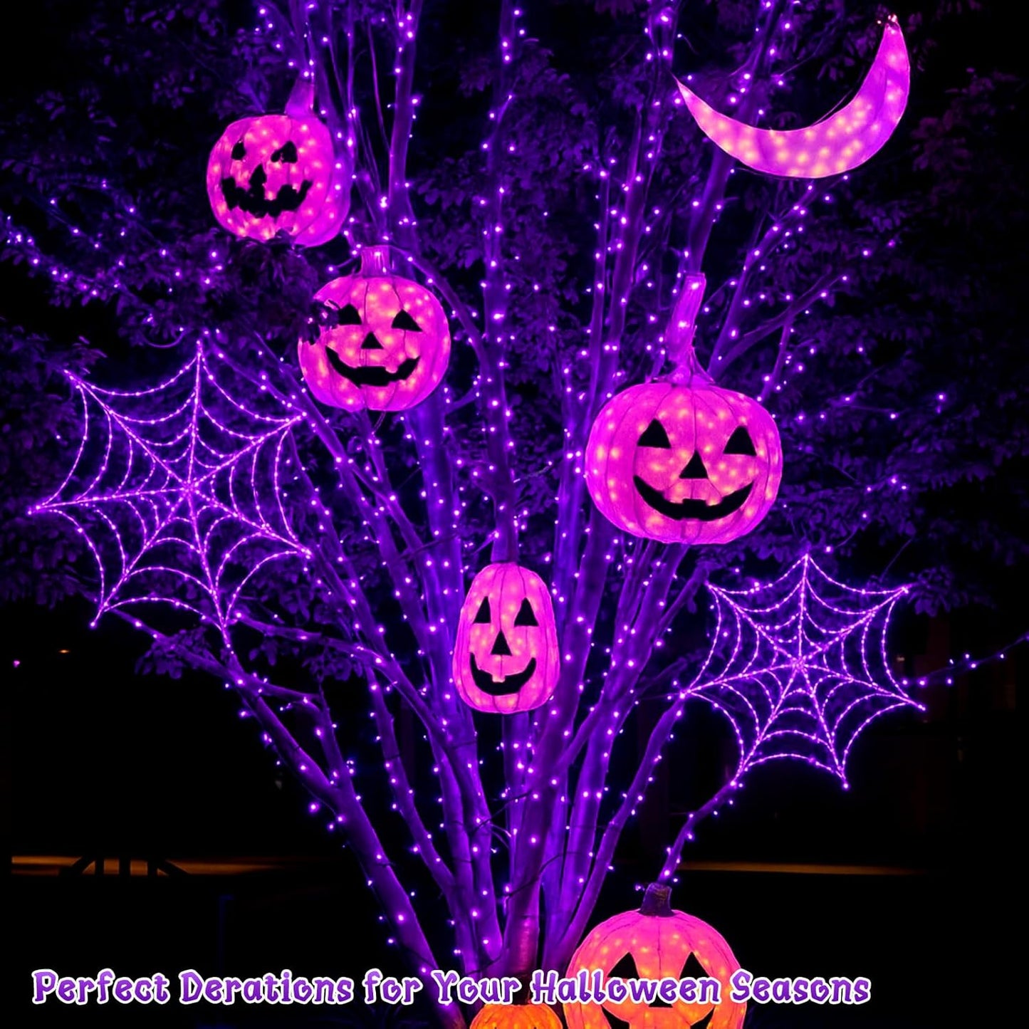 Halloween Solar String Lights, Extra-Long 2 Pack 144FT 400LED Super Bright Solar Fairy Lights Outdoor, 8 Modes Waterproof Copper Wire Twinkle light for Garden Tree Party Halloween Decorations (Purple)