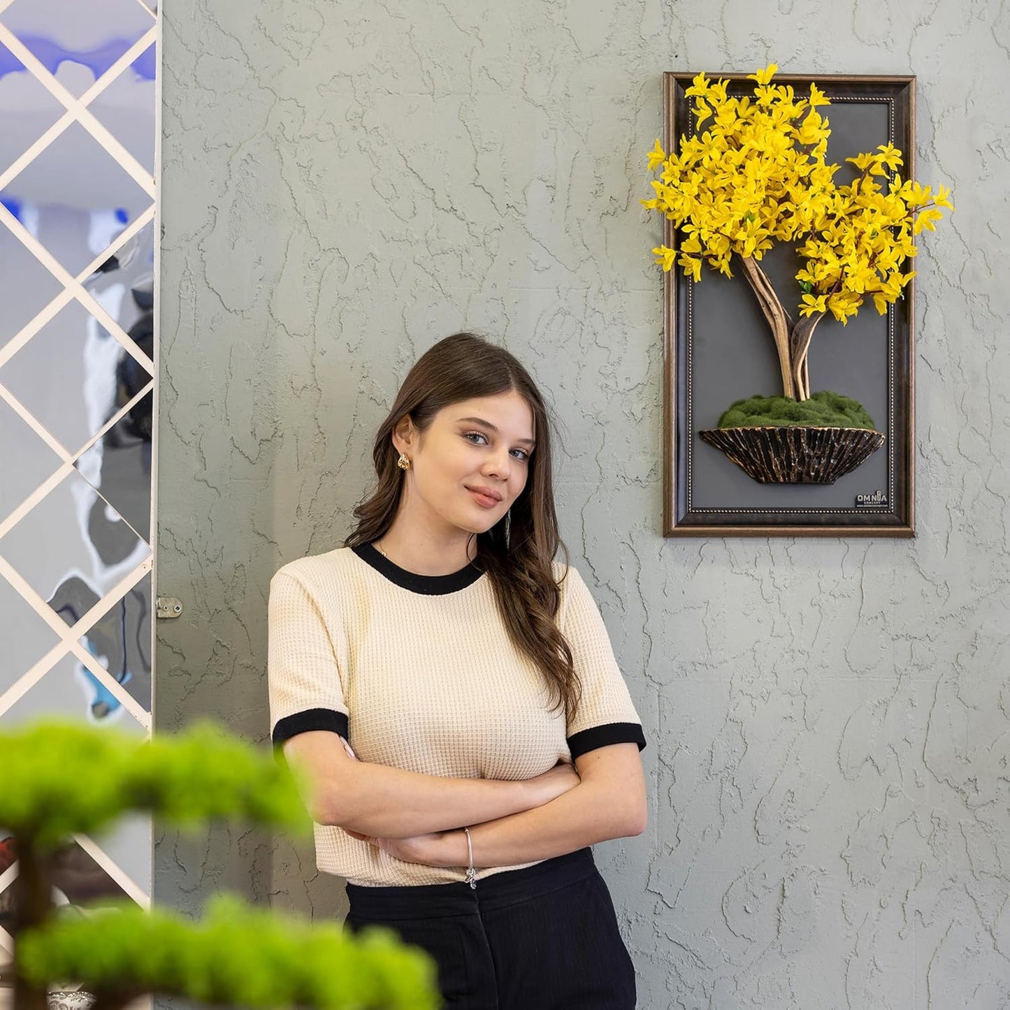 Omnia Artlife Concept Bonsai Art Life Tree Tableau - 9 - Handmade Tree Portrait, Wall Art, Wall Decor, Wallboard, Yellow/Brown/Gray