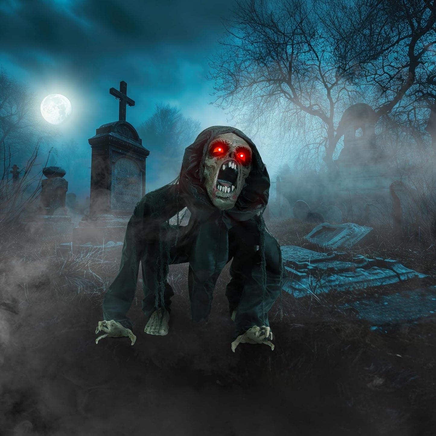 Haunted Hill Farm Scary Crouching Zombie, Halloween Animatronic with Touch Activated Lights and Sounds, Battery Operated Indoor or Covered Outdoor Halloween Decorations, Creepy Halloween Props