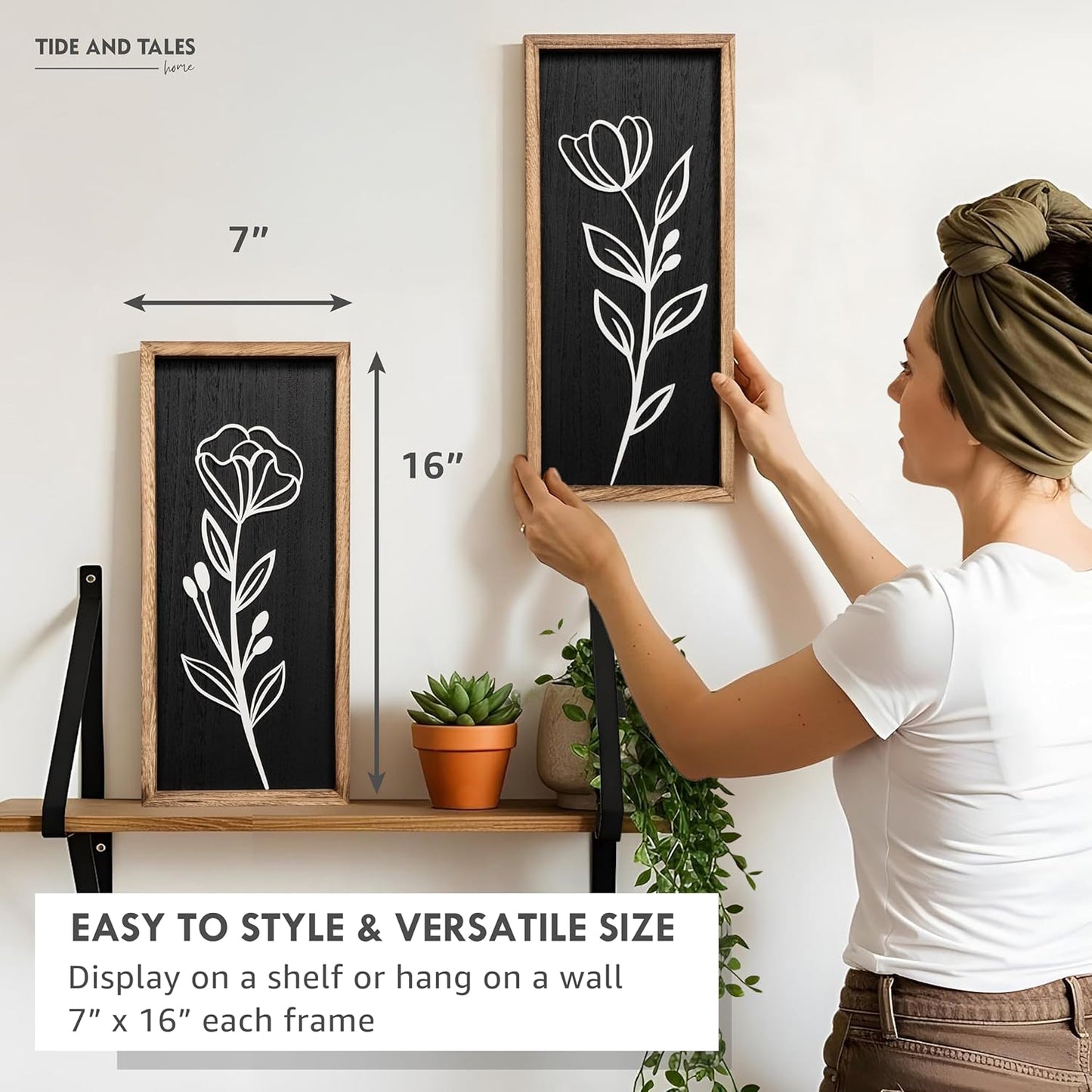 3D Vintage Black Living Room Decor (Set of 2) Lightweight, Wooden Ready-to-Hang Framed Moody Floral Wall Art for Bathroom, Bedroom or Office - Dark Textured Boho Farmhouse Wall Decor - Gift-Boxed