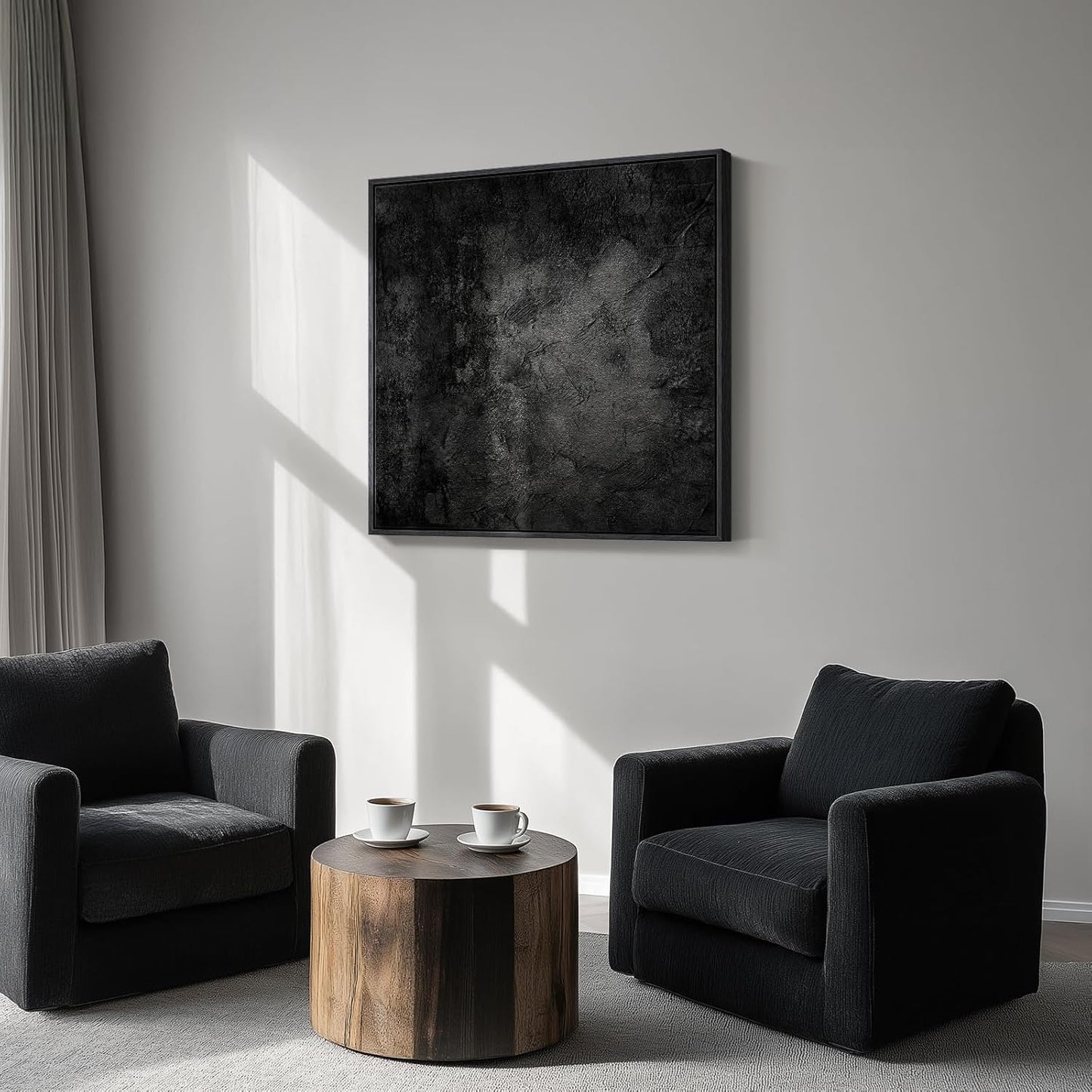 Framed Black Abstract Wall Art, Modern Canvas Prints Paintings Artwork for Walls, Square Minimalist All Black Pictures for Living Room, Hallway, Fireplace, Bedroom, Office, Bathroom Wall Decor