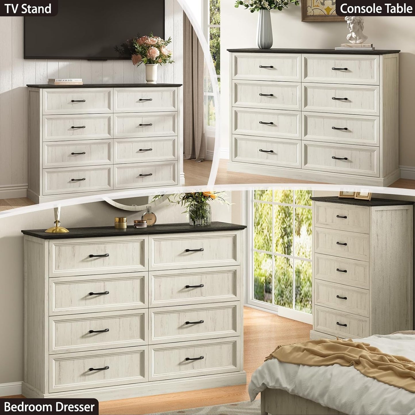 CARPETNAL Farmhouse 8 Drawer Dresser for Bedroom, 55" Wide Modern White Dresser TV Stand with Large Drawers & Bar Handles, Rustic Wood Chest of Drawers for Bedroom, Living Room, Hallway, Entryway.