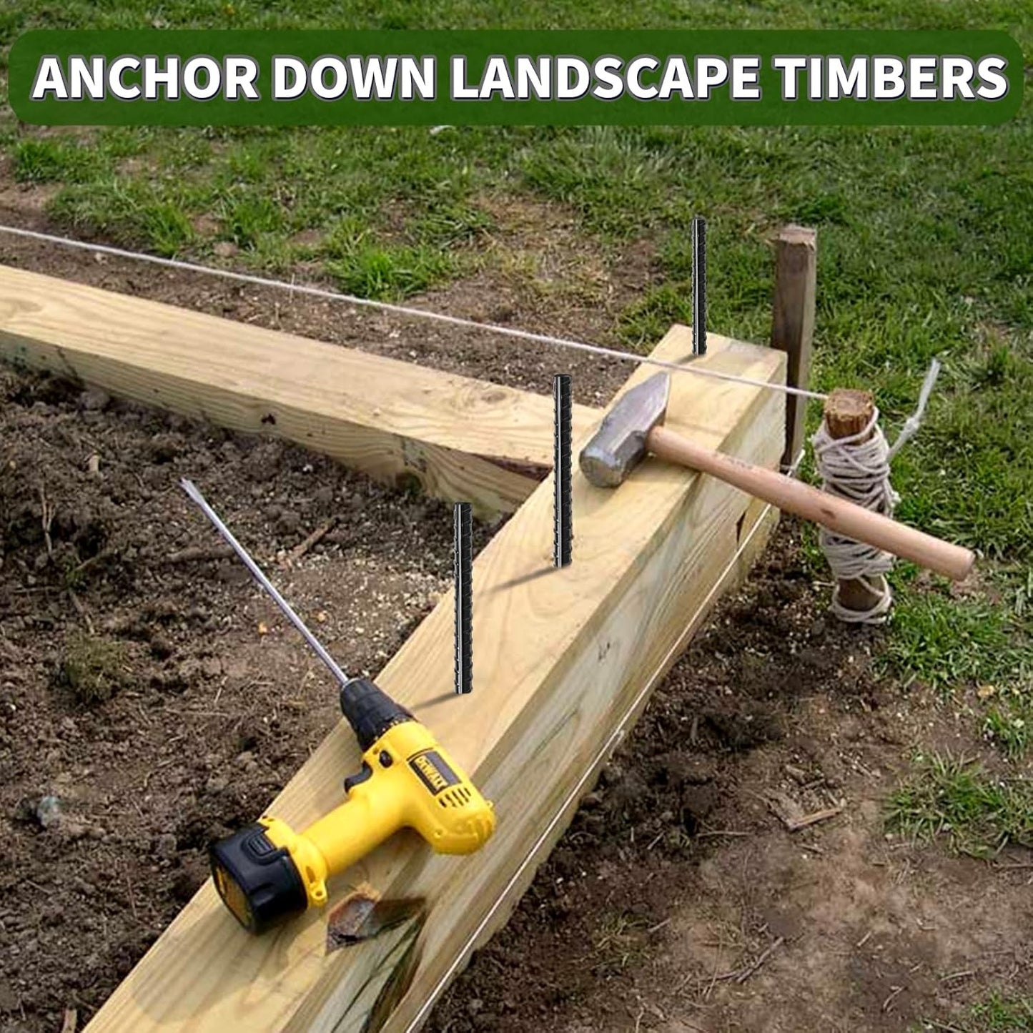 16 inches Ground Rebar Stakes (16 pcs) Heavy Duty Metal Spikes for Concrete Timber Garden Plant, Long Straight Steel Stakes for Tent, 3/8" Thickness Ground Anchors with Chisel Point End, Black