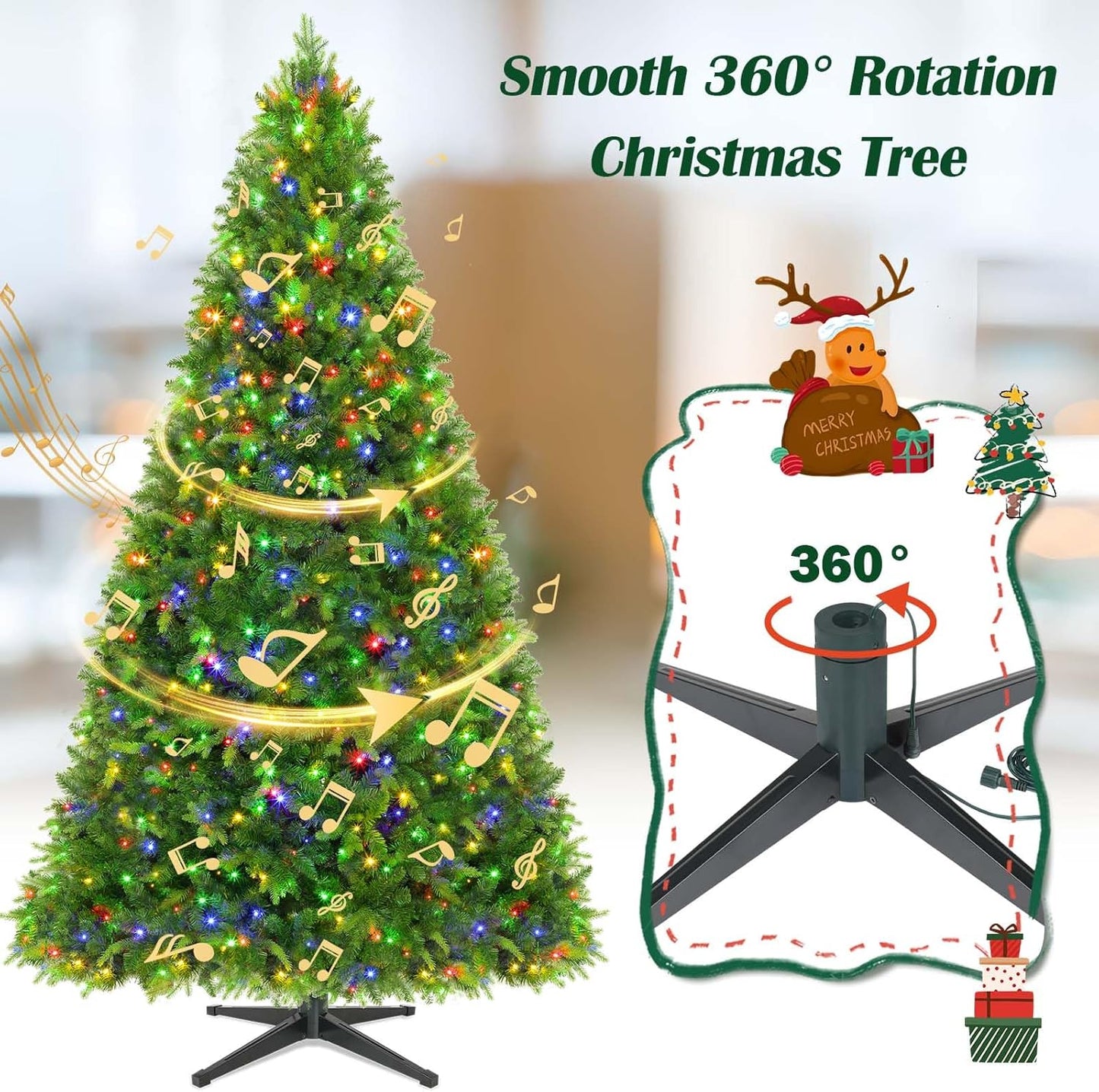 6.5FT Pre-Lit Christmas Tree with Remote Control, Multi-Color LED Lights, Musical Rotating Christmas Tree Stand, Easy Assembly in 3 Sections, Foldable Metal Stand for Home Holiday Decor