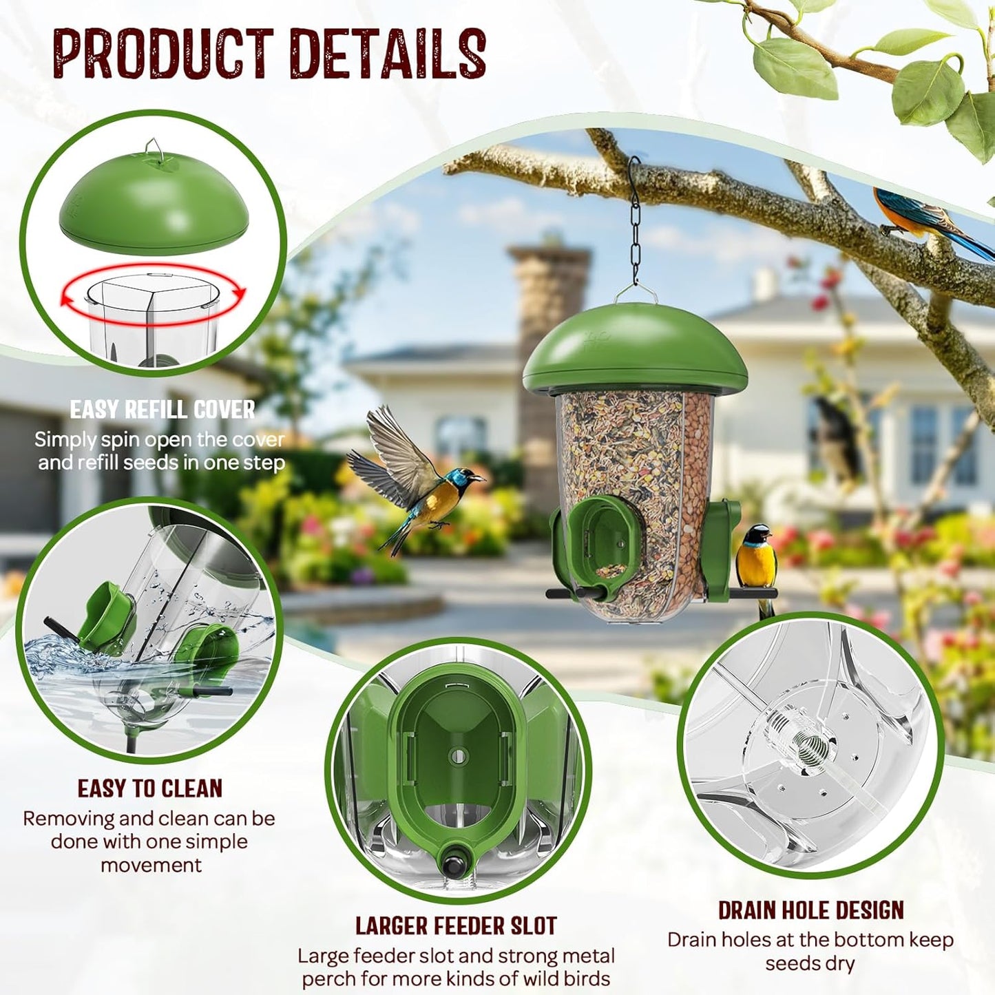 LONA Bird Feeders for Outdoors Hanging – 3 Separate Compartments, 3 Feeding Ports, Weatherproof Dome & 3 Ways to Hang, Large Capacity for Cardinals/Finches (Green，Plus