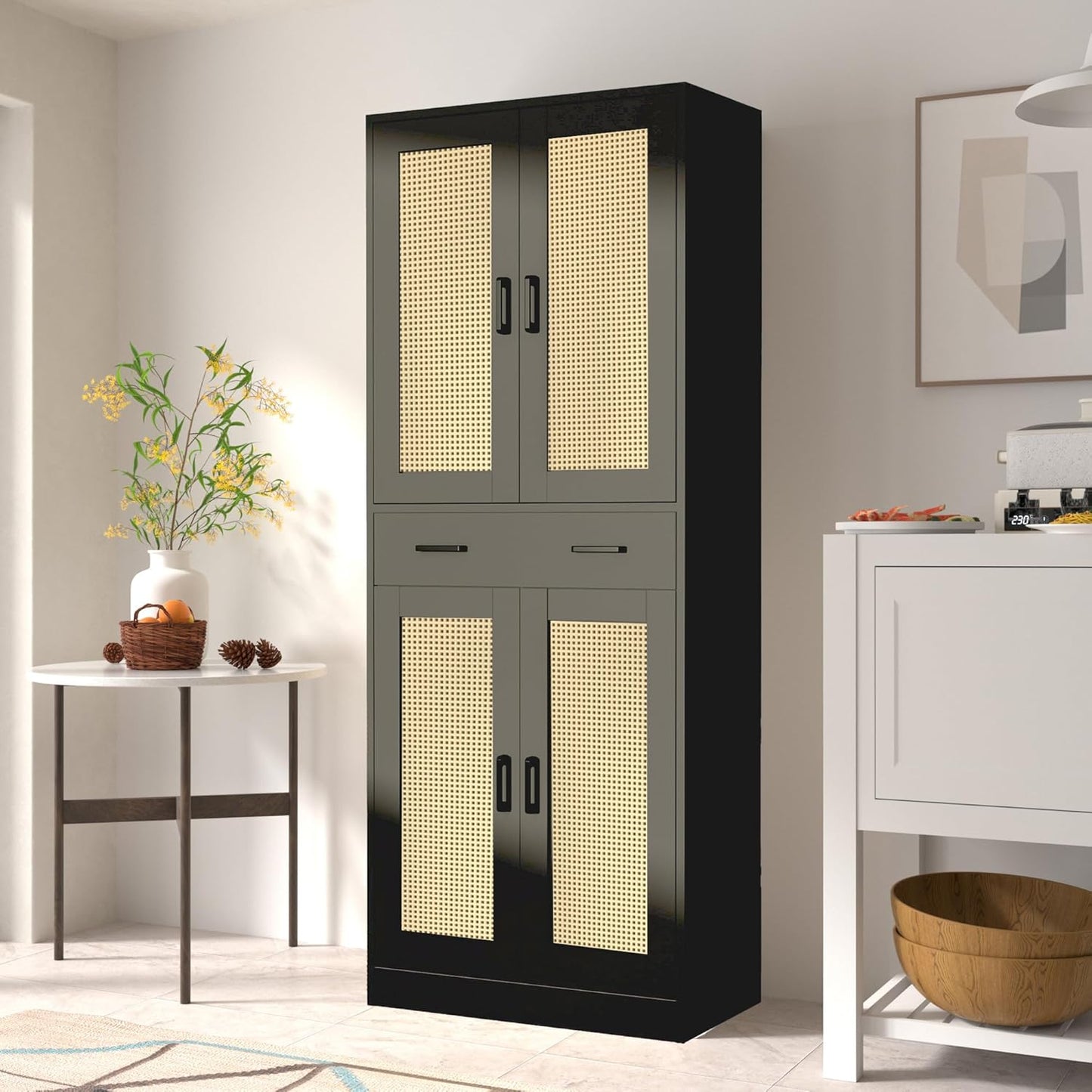 71" Tall Black & Rattan Pantry Cabinet - Boho Chic Kitchen Storage with Doors & Drawer for Dining Room, Hallway or Kitchen Organization