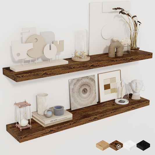 36Inch Floating Shelves for Wall 2 Pack Wood Shelves for Kitchen, Bathroom, Bedroom Wall Mounted Rustic Wood Floating Shelf with Invisible Brackets for Books, Storage, Decor, Rustic Brown