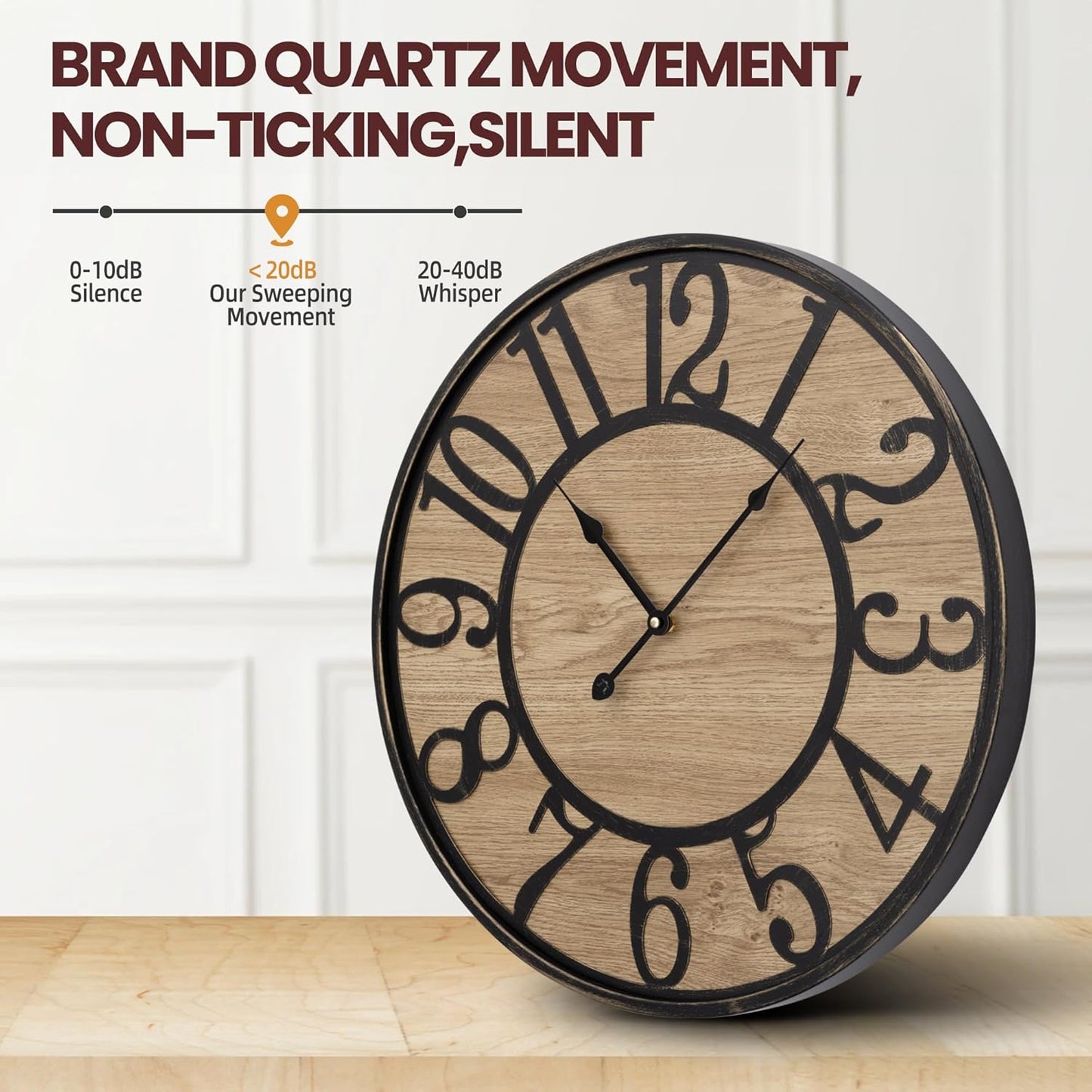 Large Wall Clock for Living Room Decor - Non-Ticking, Silent, Battery Operated Modern Vintage Wood Clock - Oversized Decorative for Bedroom, Kitchen, Farmhouse, Office