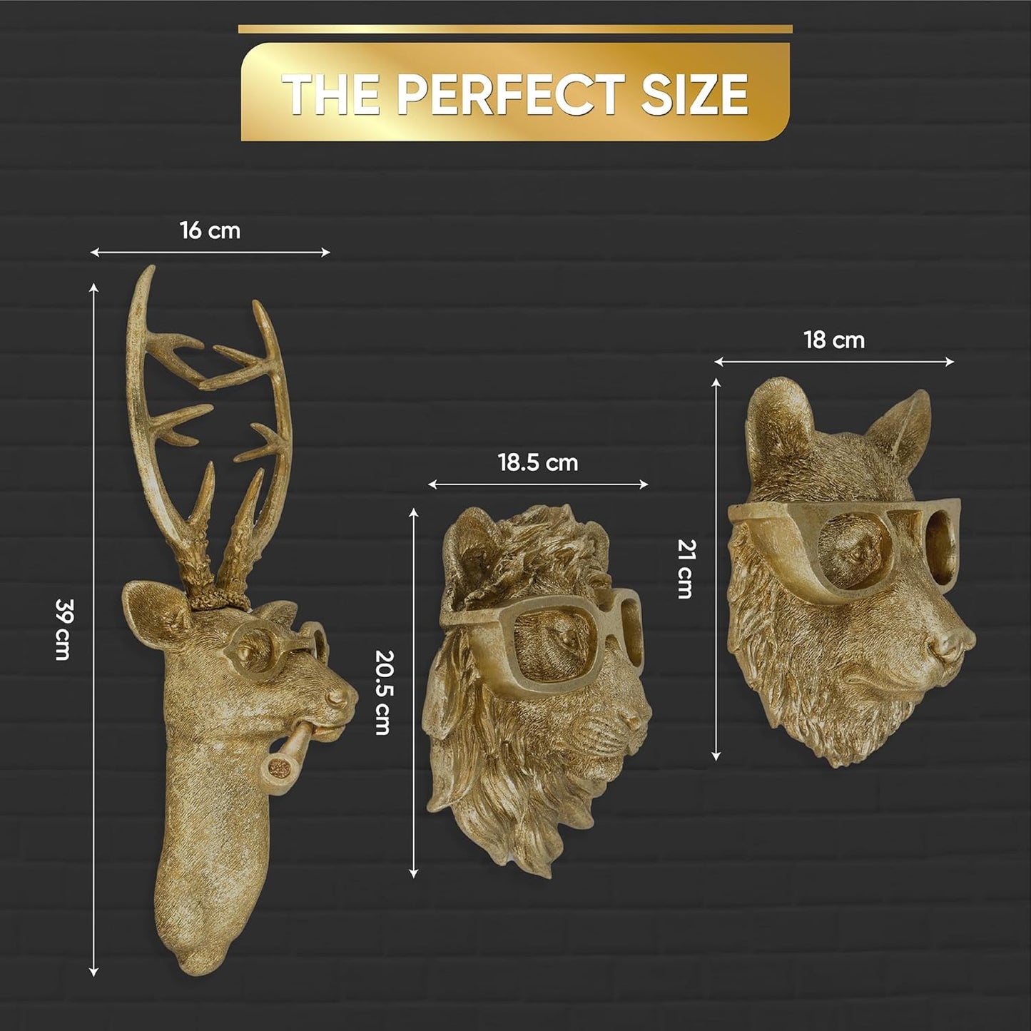 Luxicoze Gold 3pcs Animal Heads Wall Decor - Victorian-Style Lion Head, Bear Head, and Deer Head Wall Mount Decor, Adorned with Spectacles, Resin Home Decor Sculptures for Artistic Living Rooms, Animal Statue.