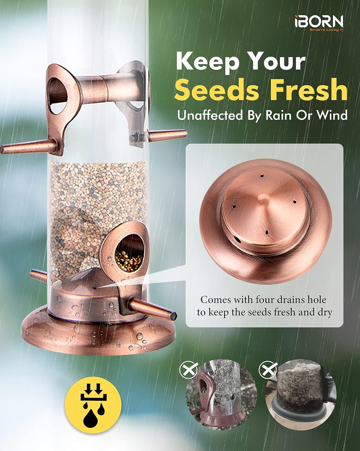 iBorn Metal Bird Feeders Metal Bird Feeder Copper for Outdoors Hanging All Metal Copper Finishing 14 Inch 4Port(Seed is not Included)