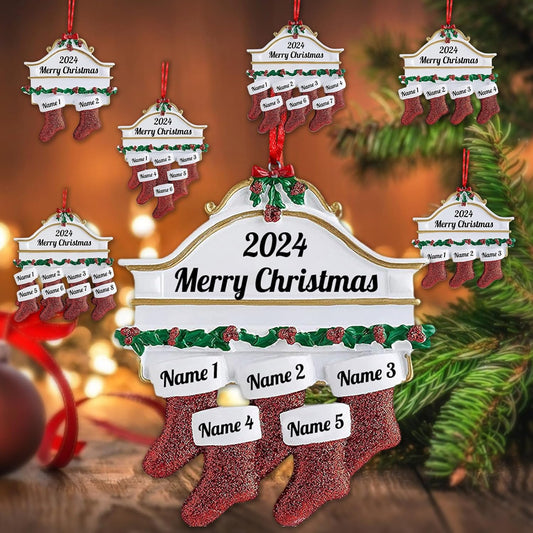 Personalized Christmas Ornaments Family of 2,3,4,5,6,7,8 Custom Christmas Stocking Ornaments with Names, Customized Xmas Day Home Christmas Tree Decora- Family of 5