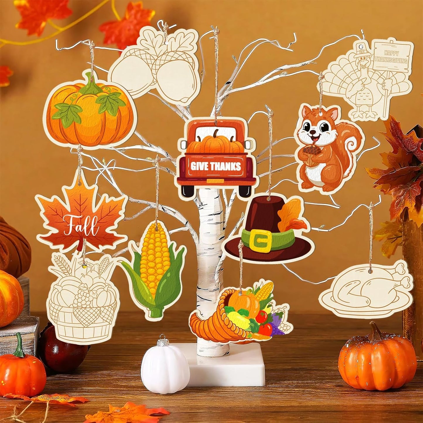 80PCS Wooden Thanksgiving Decoration Turkey Ornaments to Paint Happy Thanksgiving Cutouts Unfinished, DIY Blank Fall Unfinished Maple Leaf Corn Truck Pumpkin Ornament for Home Crafts Hanging