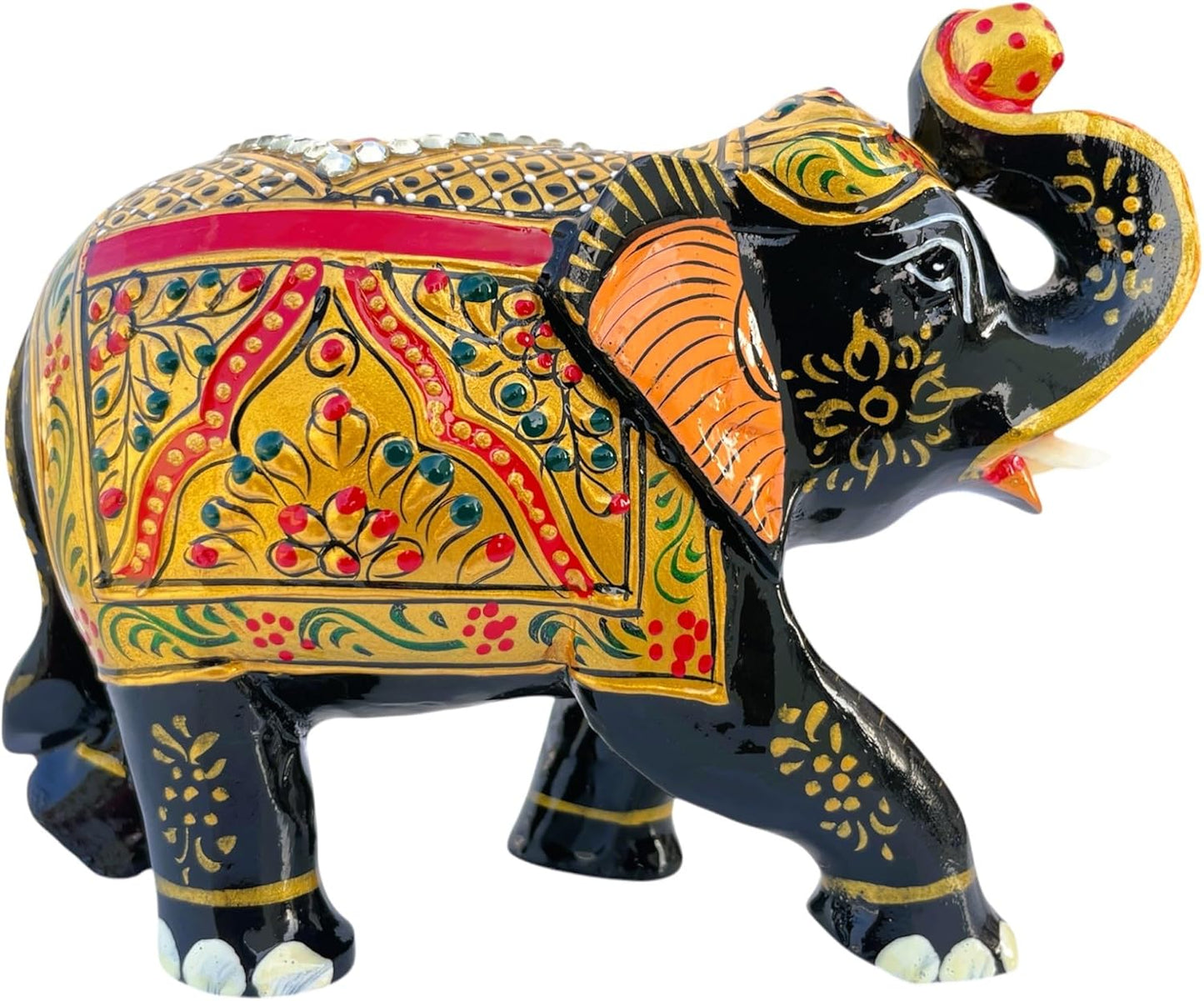 Handcrafted Wooden Elephant Figurine – Traditional Artwork, Gold & Gemstone Embellishments – Lucky Decorative Elephant Statue for Prosperity | Beautiful Elefantes Decorativos para Sala (Black & Gold)