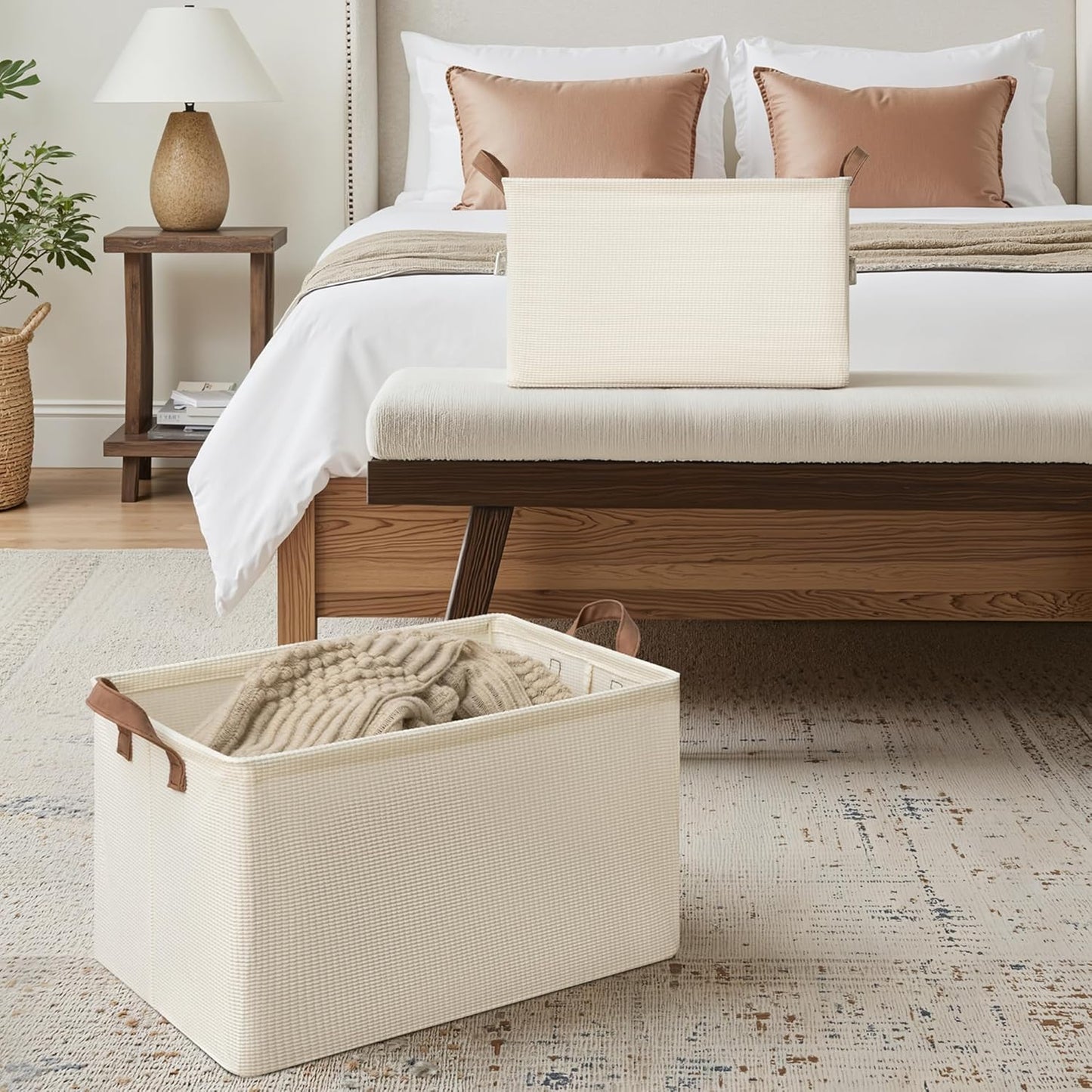 StorageWorks Storage Bins, Shelves Baskets for Organizing, 45L Extra Large Fabric Closet Organizers with Handles, Metal Frame, Beige（Texture）, 2-Pack