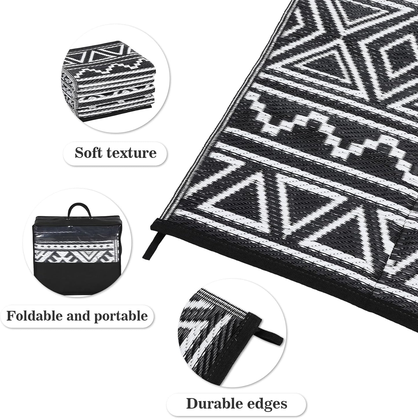 GAOMON Outdoor Rug for Patio 5'x8' Reversible Plastic Rugs Camping Mat for Outdoor, RV, Backyard, Deck, Balcony, Picnic, Beach, Black/White(Bohemia)