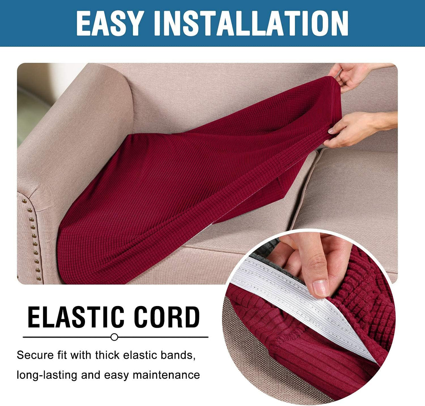 H.VERSAILTEX Super Stretch Individual Seat Cushion Covers - Sofa & Couch Cushion Slipcover Sets - Thick Jacquard Textured Twill Fabric (3 Piece XL Sofa Cushion Covers, Burgundy Red)