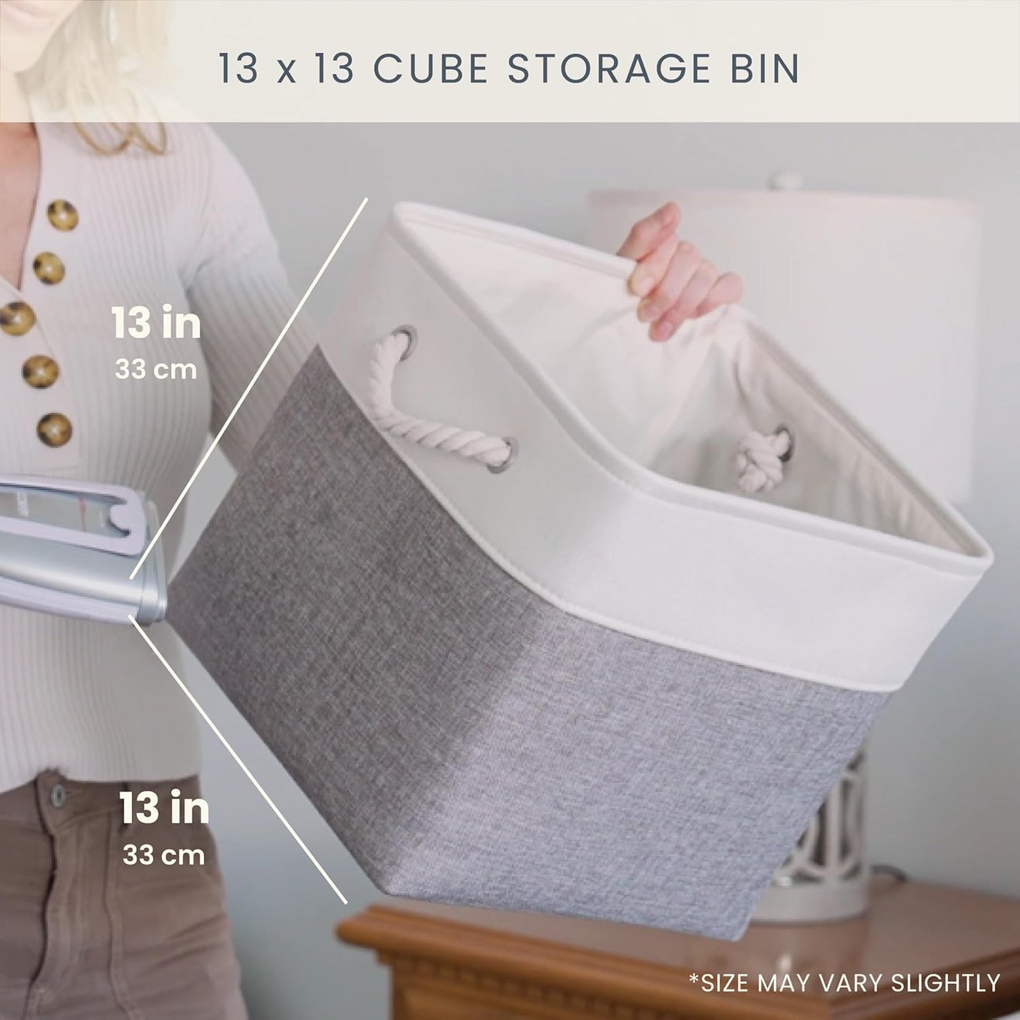 OrganiHaus 13x13 Cube Storage Bins 4 Pack, Foldable Cube Storage Organizer w/ Rope Handles, Collapsible Fabric Bins for Toys, Clothes & Closet Organization, Fabric Square Baskets - Gray/White