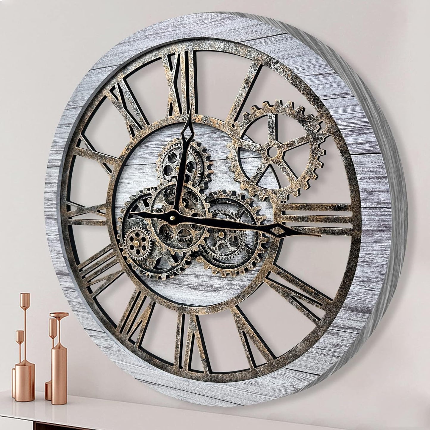 The B-Style Large Wall Clock 24 inch Moving Gear Wall Clock Oversized Vintage Farmhouse Wall Clocks for Living Room Decor Rustic Industrial Wood Clock (Silver Gray and Bronze)