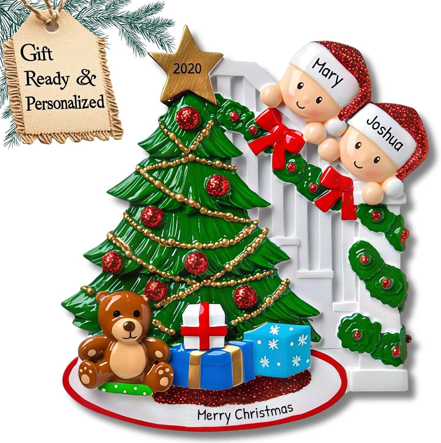 3D Personalized Our First Christmas Ornament 2025 | Peeking Over Staircase Couple Ornaments in Santa Hat Couples Ornament 2025 Family of 2 Unique for a Couple Ornaments Couples Gifts