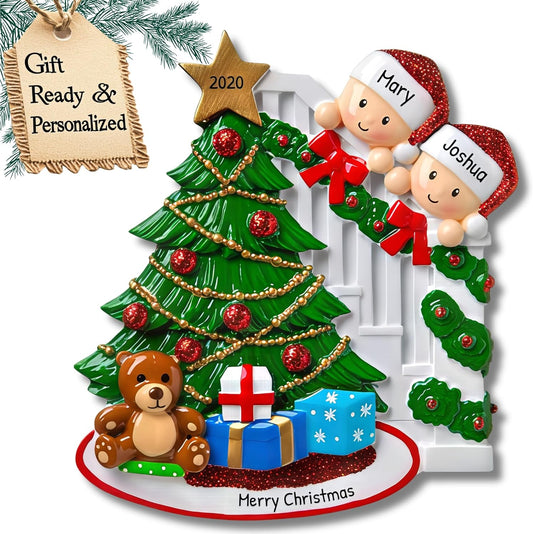 3D Personalized Our First Christmas Ornament 2025 | Peeking Over Staircase Couple Ornaments in Santa Hat Couples Ornament 2025 Family of 2 Unique for a Couple Ornaments Couples Gifts