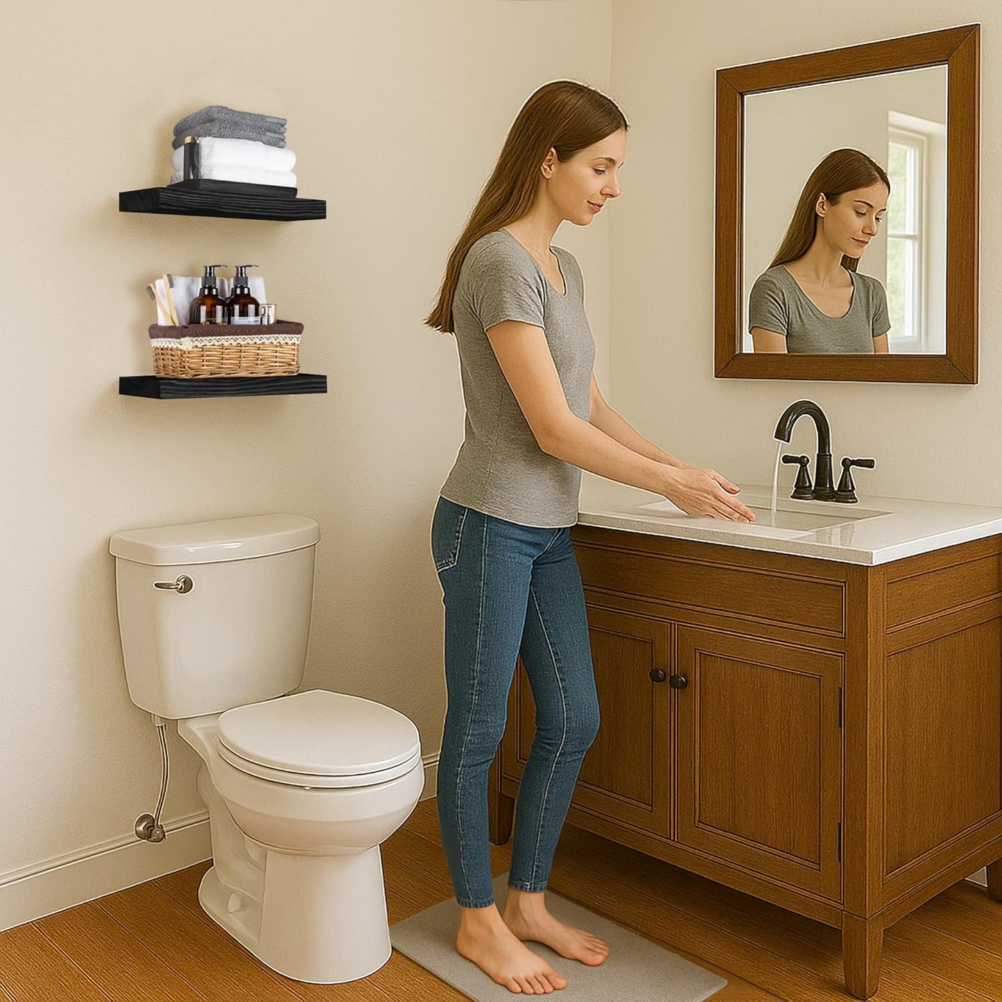 BGMG Wood Floating Shelves 16 inch, Wide Rustic Wooden Wall Shelves for Bathroom Living Room Bedroom Kitchen Farmhouse Set of 2-16x 6.7 x1.25 inch- Black