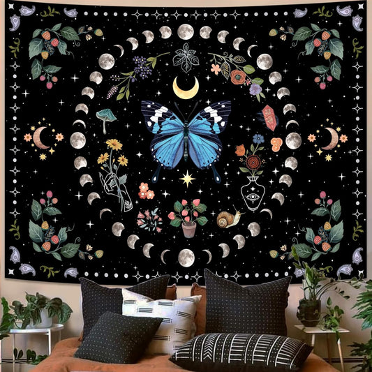 Aipon Blue Butterfly Moon Flower Tapestry for Bedroom and Living Room, 68.00" x 90.00", Boho, Botanical, Floral, Vintage