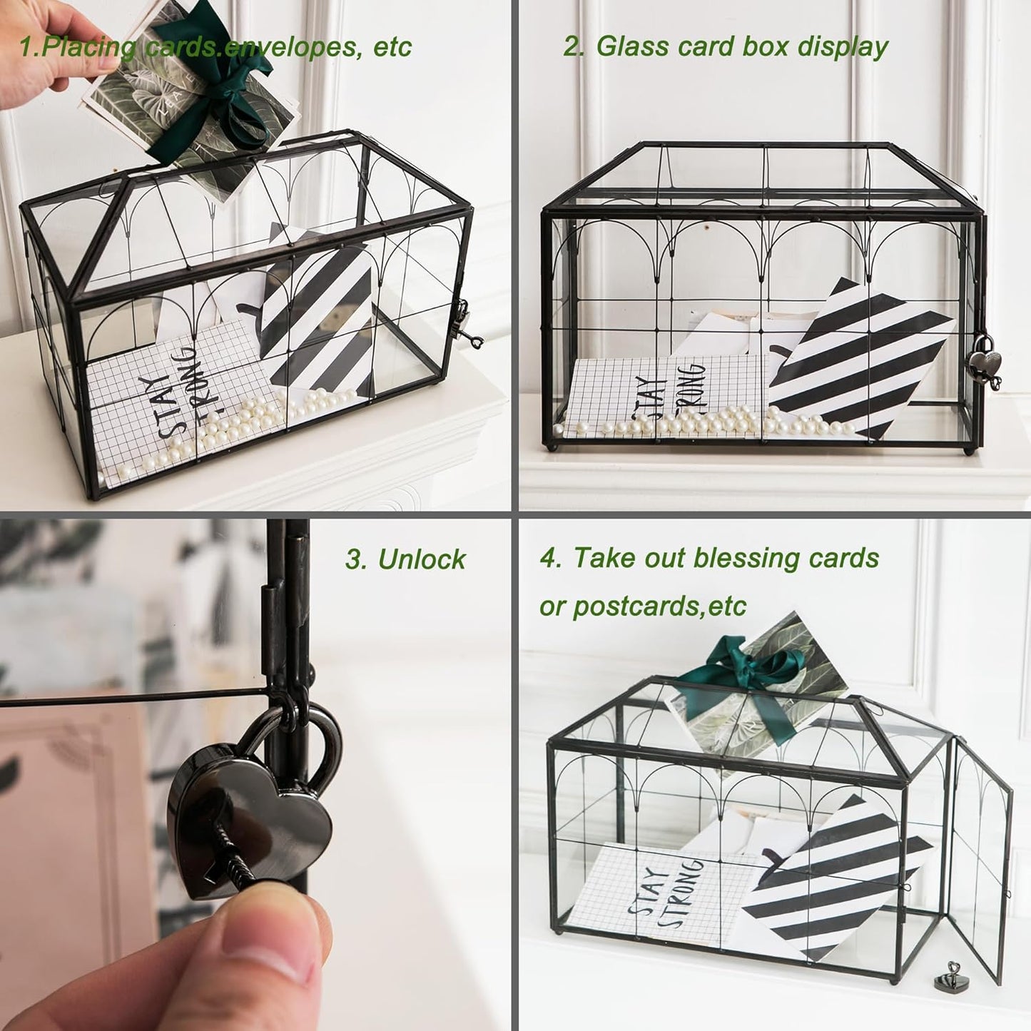 Wedding Card Box with Slot, 12.6'' Large Glass Card Boxes for Reception, Black Geometric Holder, Clear Decorative Storage Box with Lock for Baby Shower, Birthday Party, Christmas, Bridal Shower