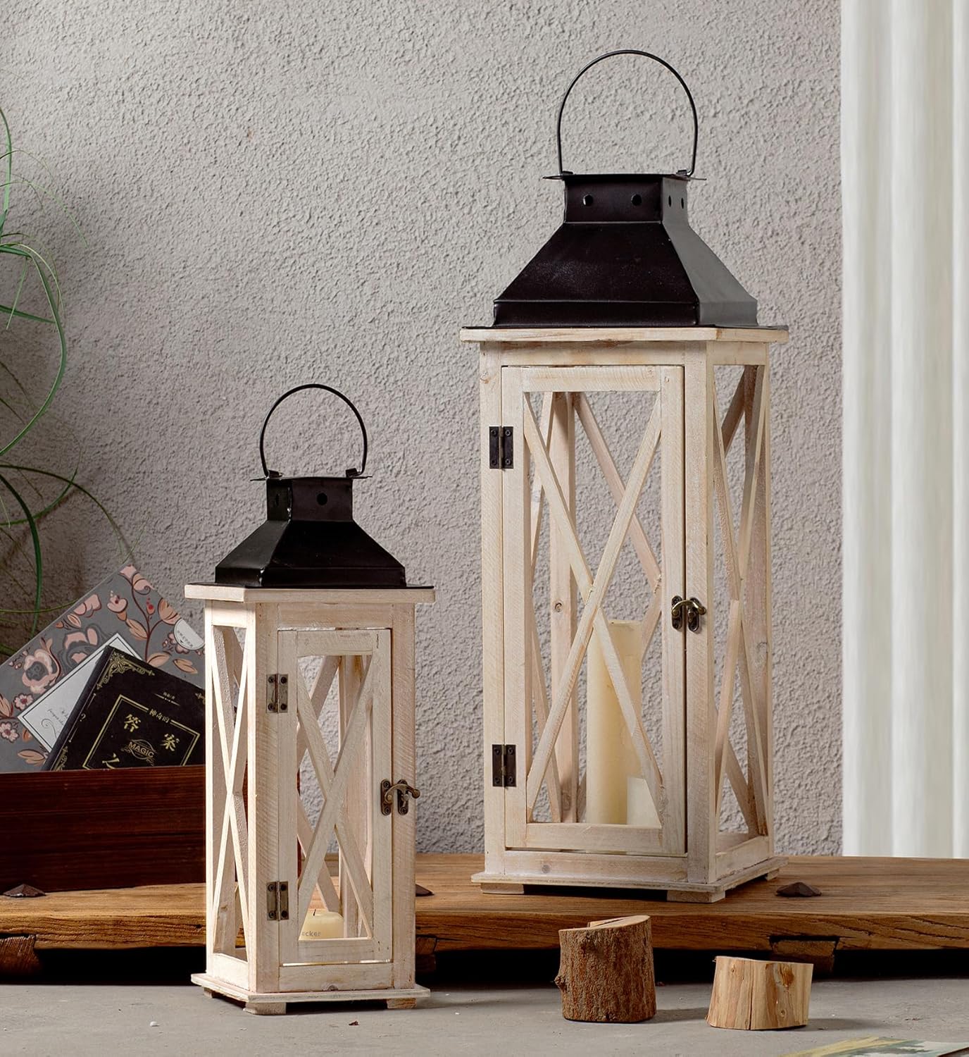 TIMRIS Large Wooden Candle Lanterns Decorative Set of 2, Rustic Farmhouse Whitewash Floor Lanterns, Indoor/Outdoor Hanging Lanterns for Home Decor (No Glass)