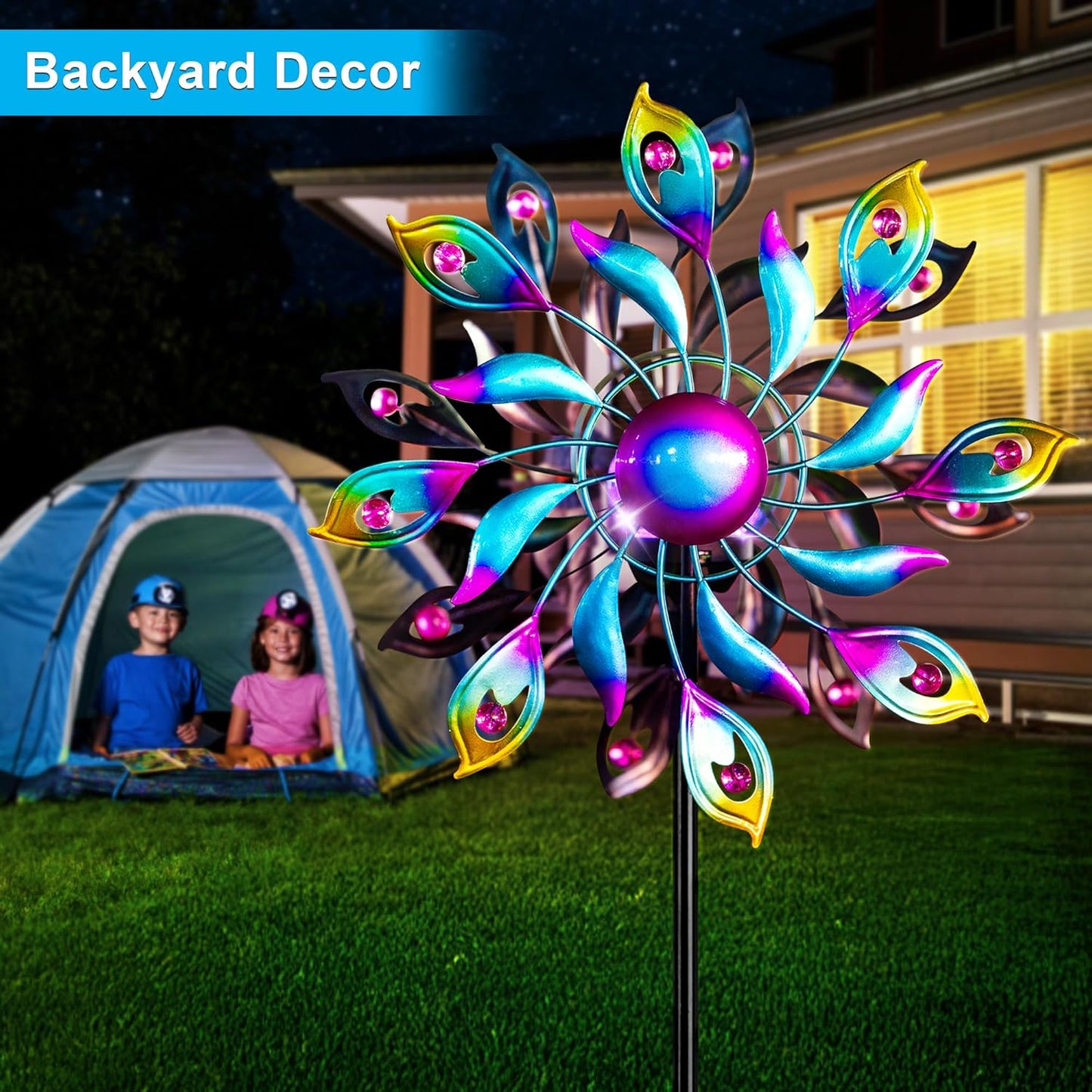 51.9" Peacock Solar Wind Spinner Outdoor Decor – Waterproof LED Lighted Garden Art with Adjustable Metal Pole, IP65 Weather Resistant for Yard, Patio