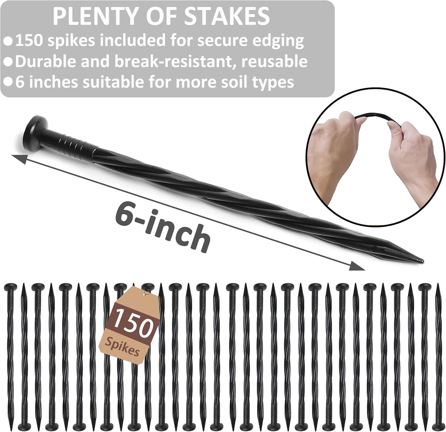 4 inch Tall Landscape Edging Kit 80FT Garden Edging with 150 Spikes for Lawn Edging and Flower Beds (Black, 80FT)