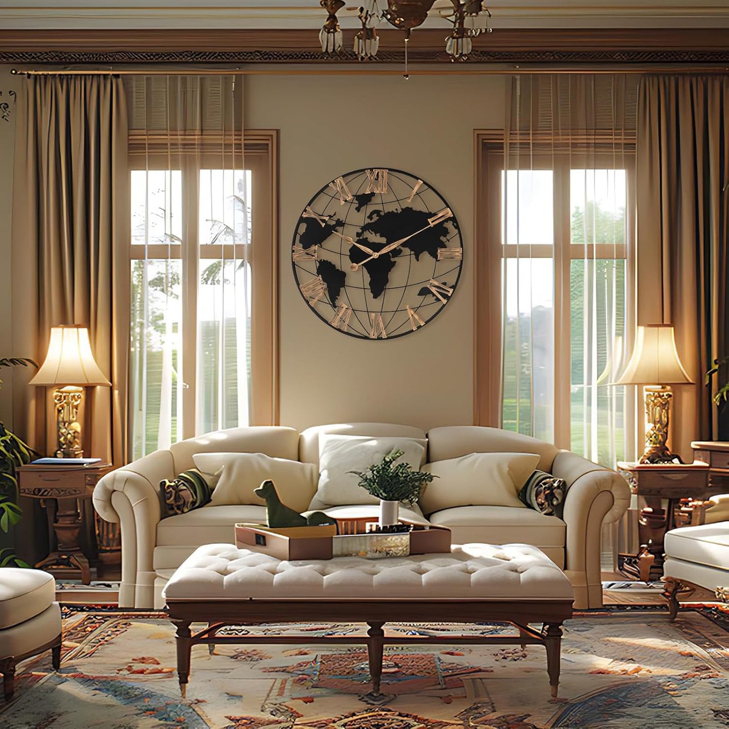 30 Inch Extra Giant Large Wall Clock Oversized,Black Big Metal Modern Decorative Silent World Map Wall Clock with Vintage Gold Roman Numeral for Office,Living Room,Kitchen,Dining Room Decor