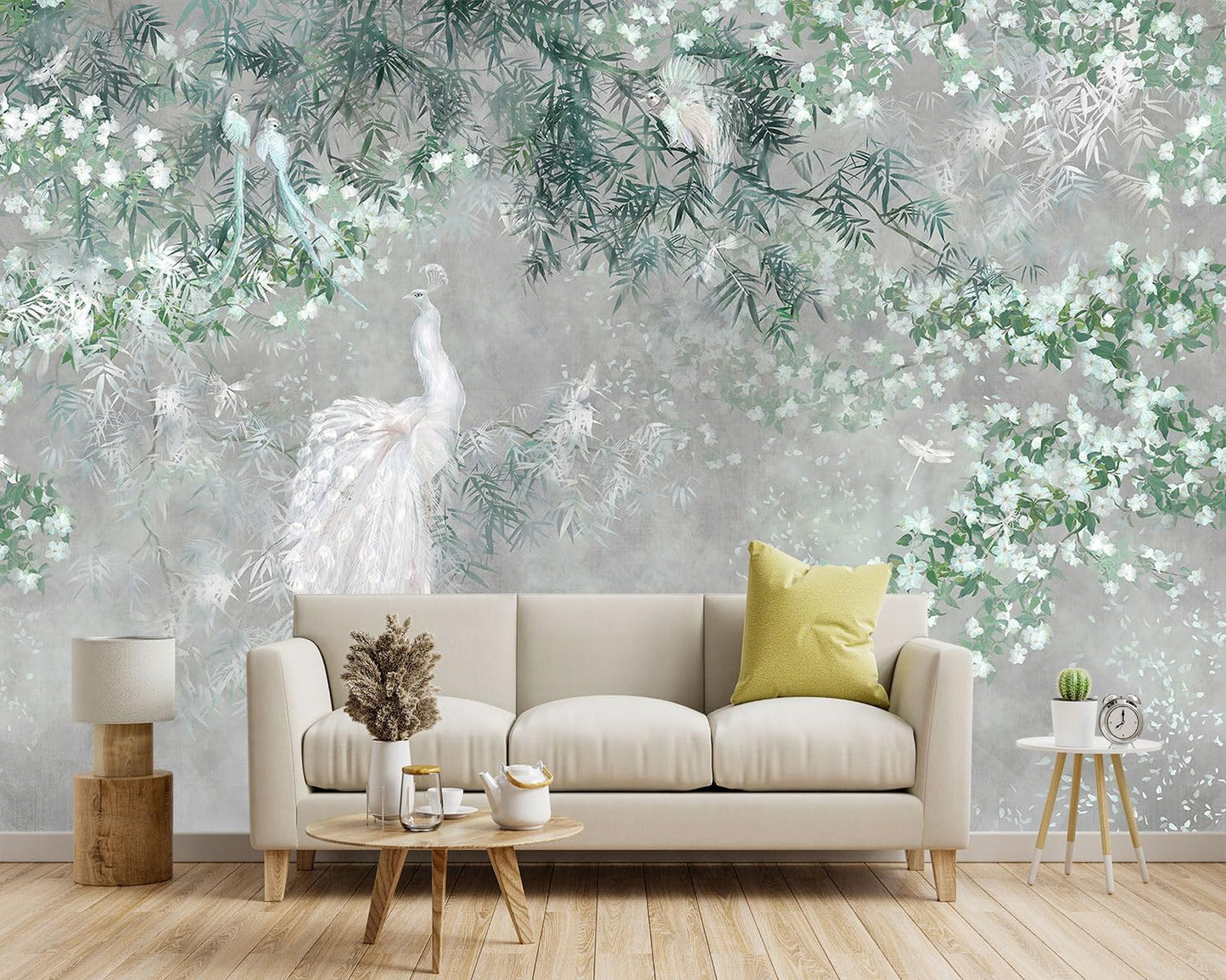 -Green Leaf Botanical Peacock Fabric Wallpaper Wallpaper Living Room Bedroom Bathroom Grey Plant Large Wall Mural- 160"x108"（ not Peel and Stick）