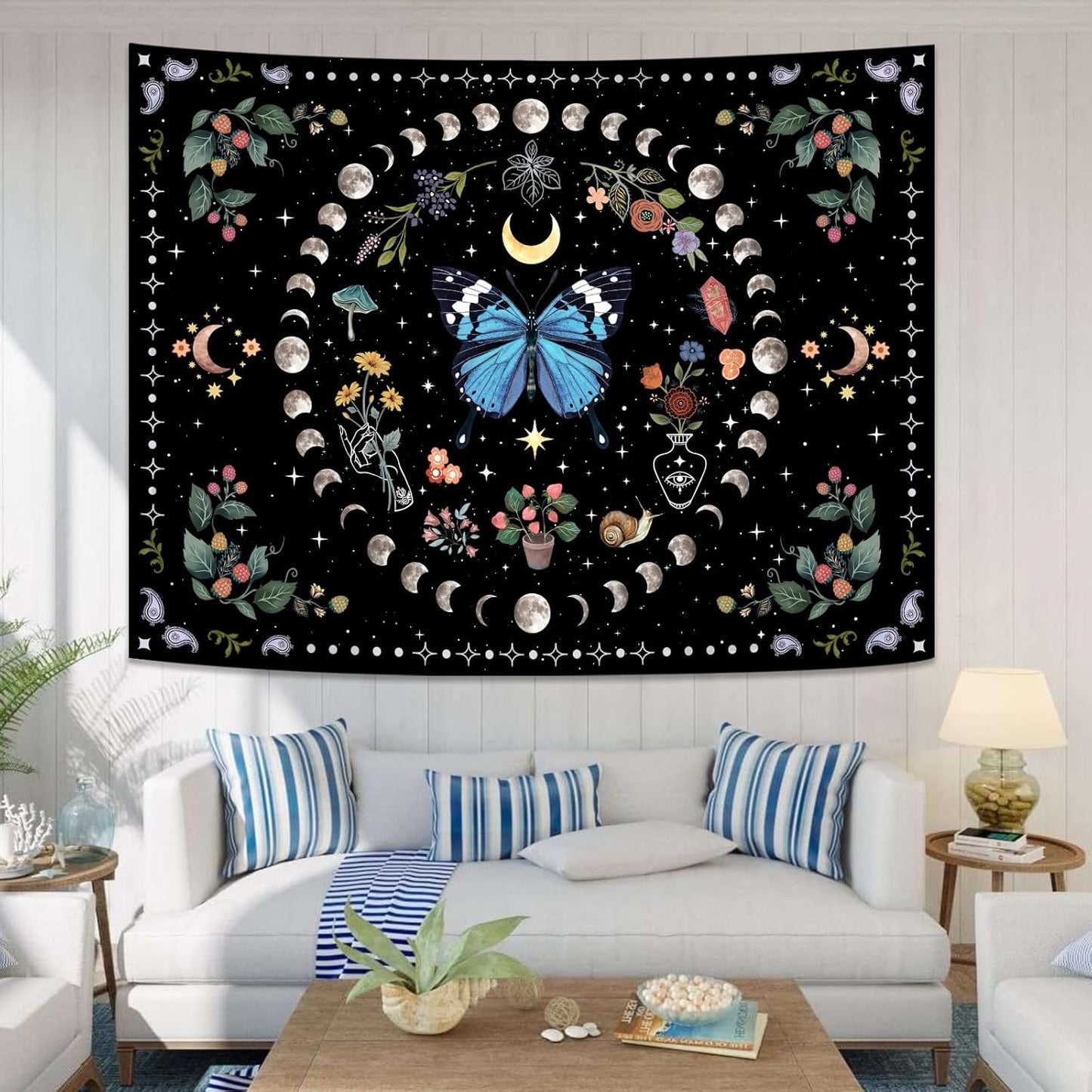 Aipon Blue Butterfly Moon Flower Tapestry for Bedroom and Living Room, 68.00" x 90.00", Boho, Botanical, Floral, Vintage