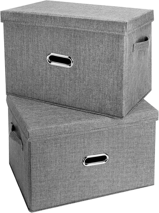 Large Linen Fabric Foldable Storage Bins with Removable Lid and Handles, Washable Storage Box Organizer Containers Baskets Cube with Cover for Bedroom,Closet,Office (Grey, Extra Large(2-Pack))
