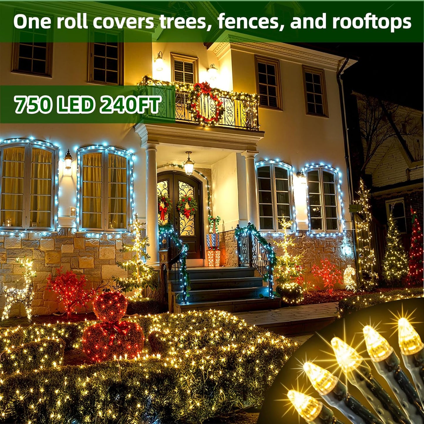 750 LED 240FT Christmas Lights Outdoor,12 Lighting Modes Christmas String Lights with Timer, Dimmable Warm White LED StringLights Waterproof for Yard Tree Wedding Party Holiday Warm White