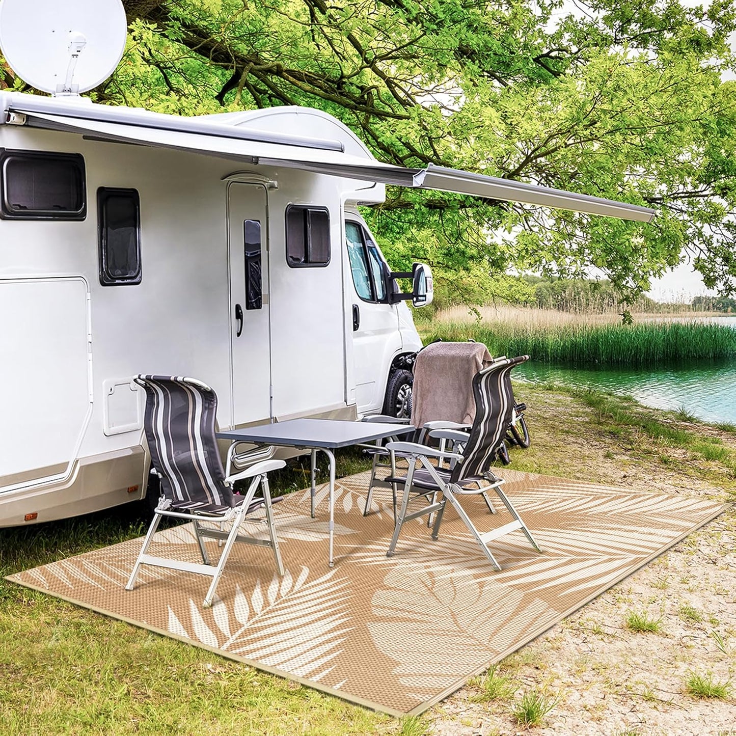 GENIMO Outdoor Rug 6' x 9' Waterproof for Patios Clearance, Reversible Outdoor Plastic Straw Camping Rug Carpet, Large Area Rugs Mats for RV, Camper, Deck, Balcony, Porch, Beach, Picnic, Brown&Beige