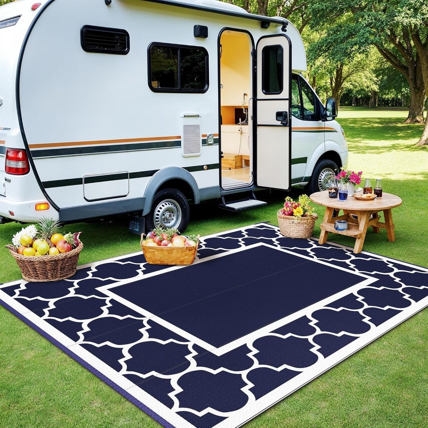 GENIMO Outdoor Rug Waterproof for Patio Decor, 5'x8' Reversible Plastic Straw Rug Carpet, Camping Mats for Outdoor, RV, Backyard, Deck, Balcony, Picnic, Blue & White