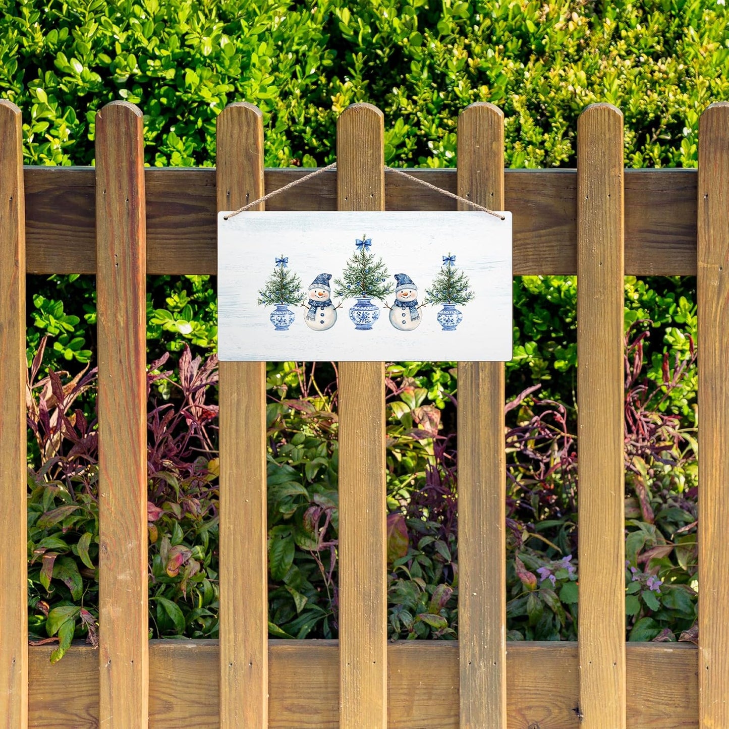 DUXMNAMG Chinoiserie Snowman Winter Hanging Wooden Signs 12x6, Blue and White Porcelain Snowman Sign, Winter ChristmasTree Blue Bow Snowman Chinoiserie Signs for Home Room Office Hanging Wall Decor