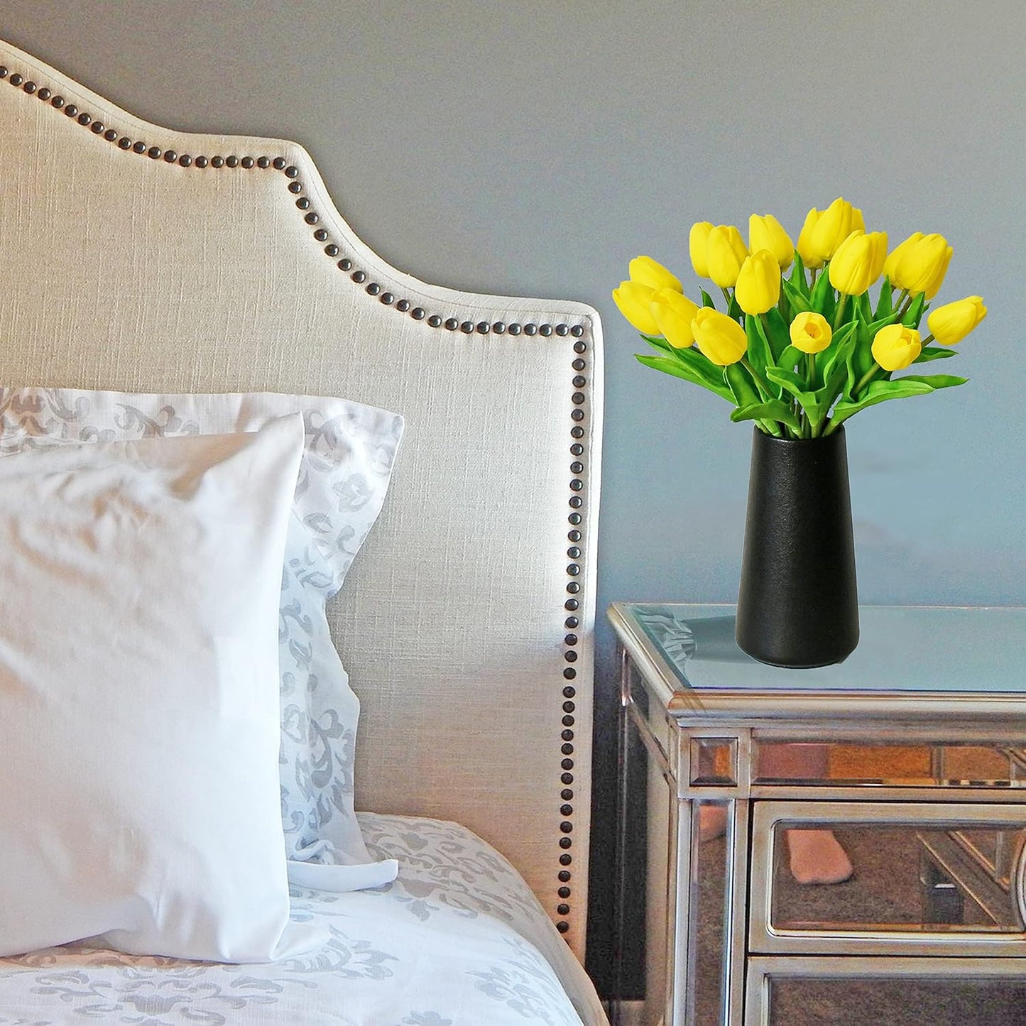 Mandy's Artificial Tulips 20 Stems Yellow PU Faux Flowers for Wedding Home Decor 13.5 Inch