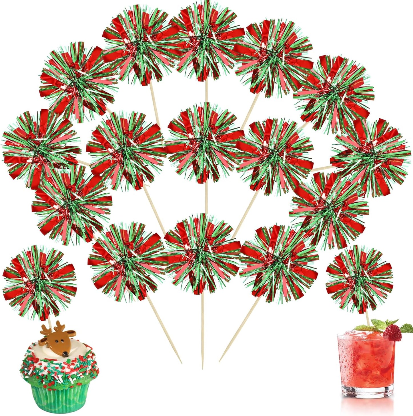 Ephlyn 30Pcs Foil Firework Cupcake Toppers Sparkle Tinsel Drink Birthday Cake Decorations Cocktail Food Fruit Toothpick for New Years Wedding Birthday Party Decorations Red Green
