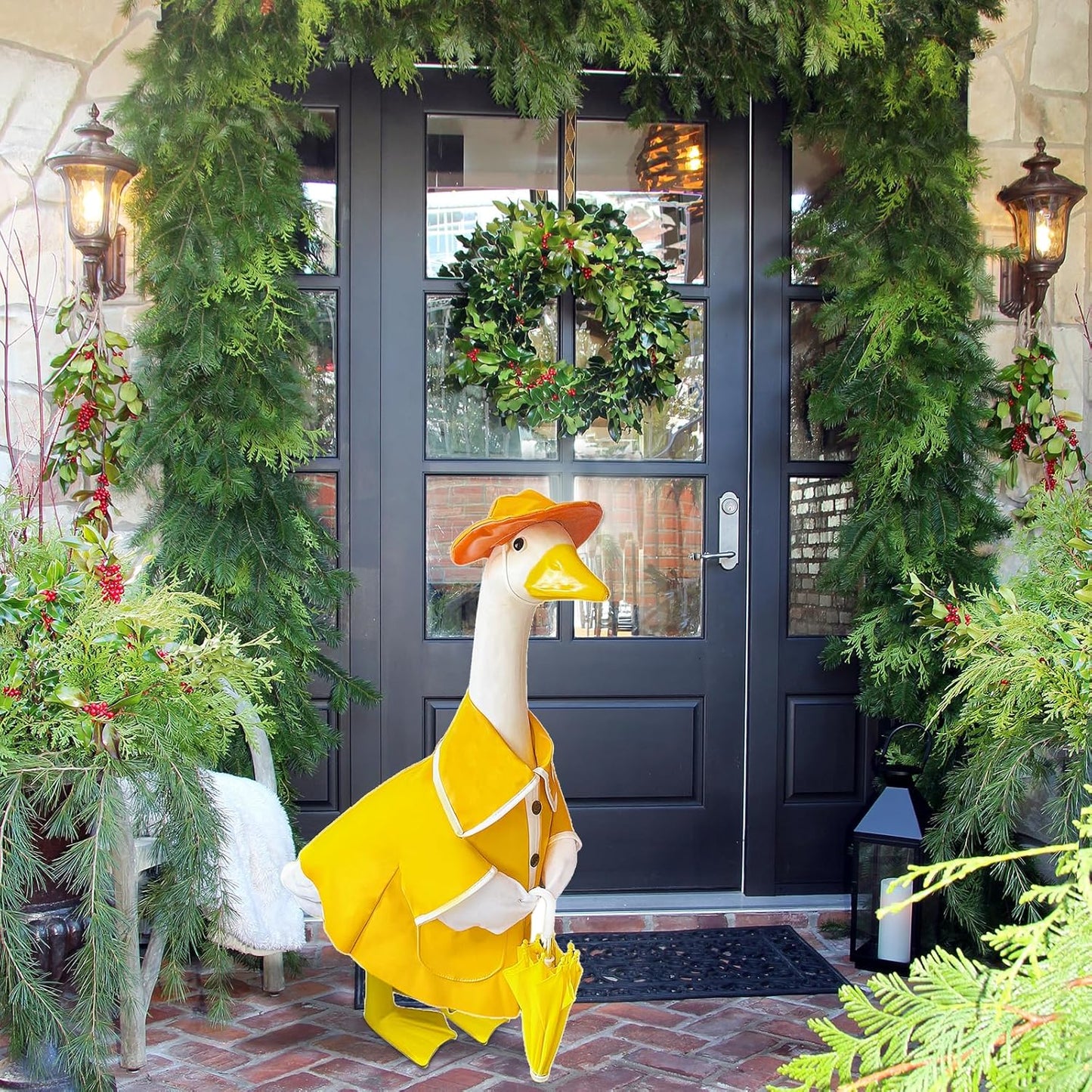 23 Inch Porch Goose Raincoat Outfit with Umbrella– Cement Goose Clothes for Porch Goose Statue, Waterproof Outdoor Goose Outfit for Lawn & Garden Decor